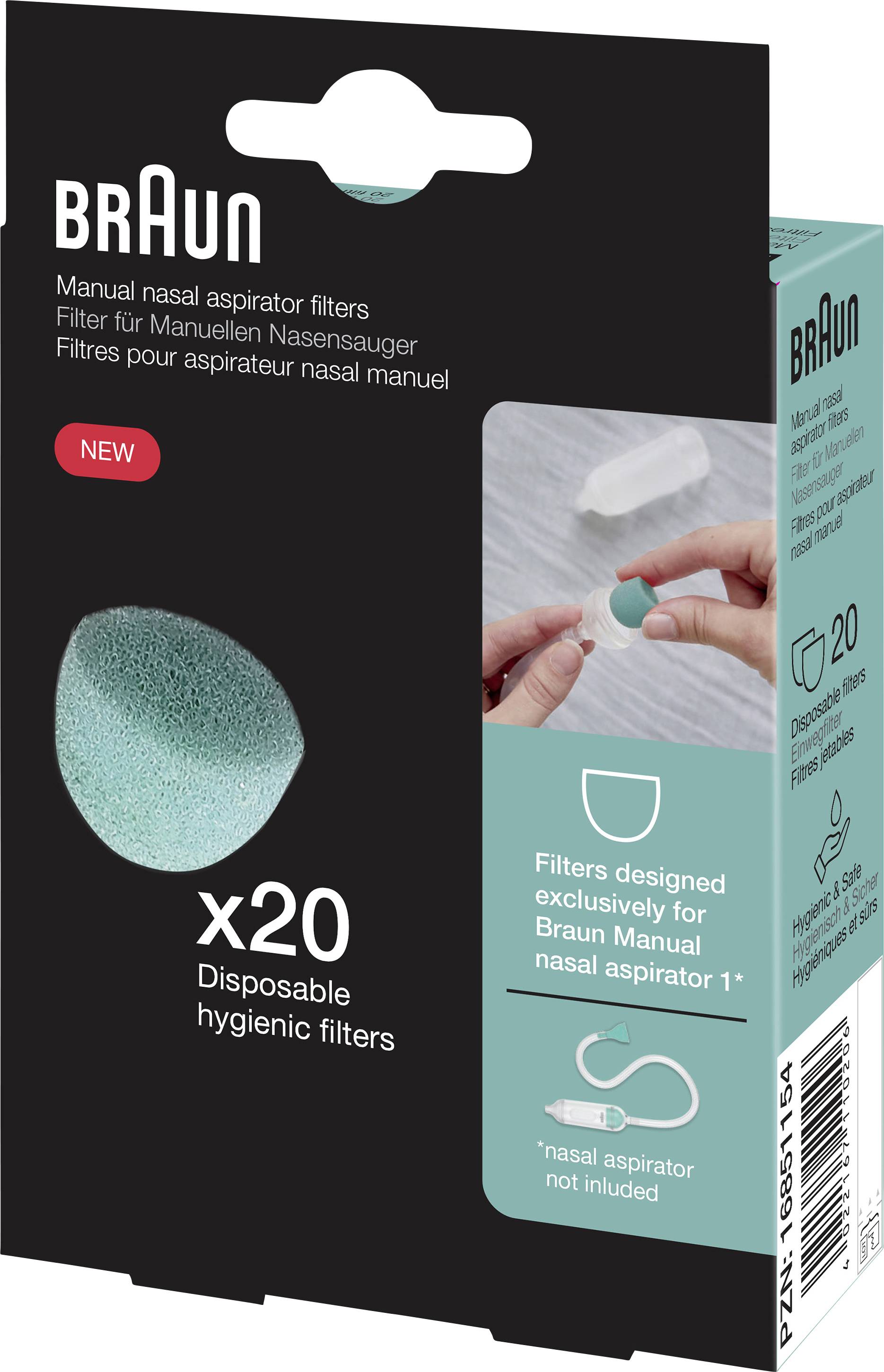 'Braun' Verpackung mit Einweg-Hygienefiltern für manuellen Nasensauger, 20 Stück. Zeigt Anwendung des Filters in Händen.