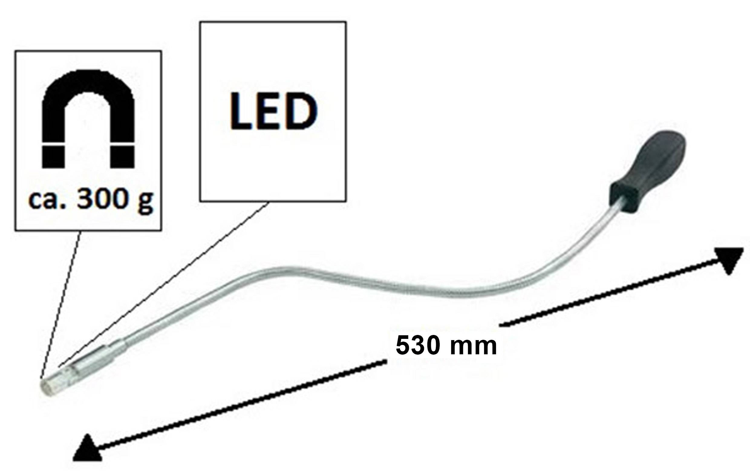 Flexibles magnetisches Aufnahmewerkzeug mit LED-Licht, ungefähr 530 mm lang, etwa 300 Gramm schwer, mit schwarzem Griff.