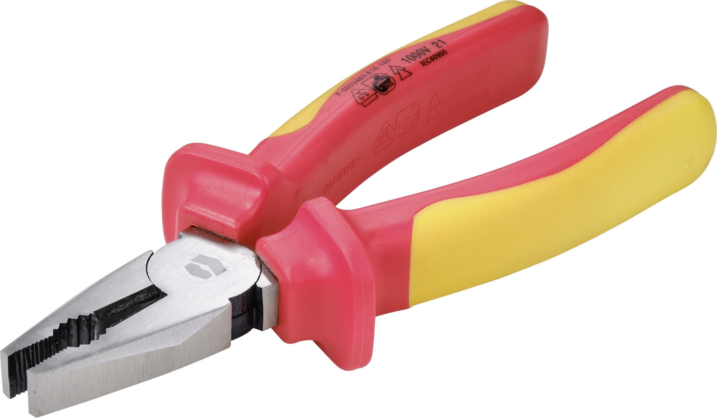 Eine isolierte rote und gelbe Zange mit Metallbacken, geeignet für Elektroarbeiten.