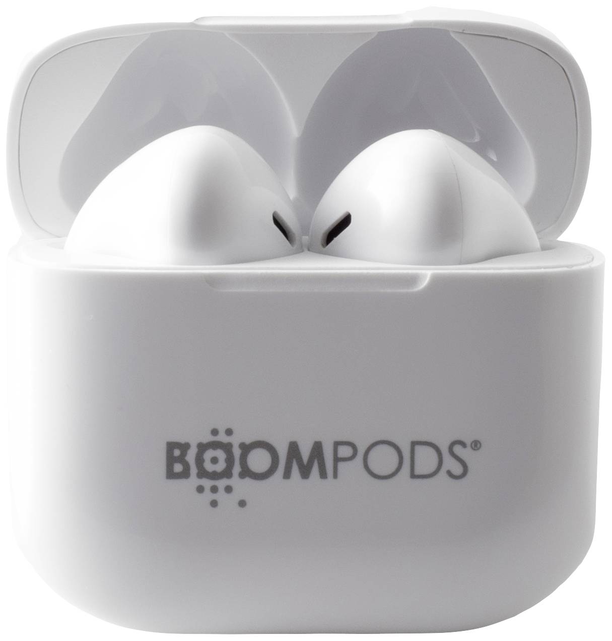 Kompakte, weiße kabellose Ohrhörer in einer offenen Ladehülle mit dem Logo 'Boompods' auf der Vorderseite.