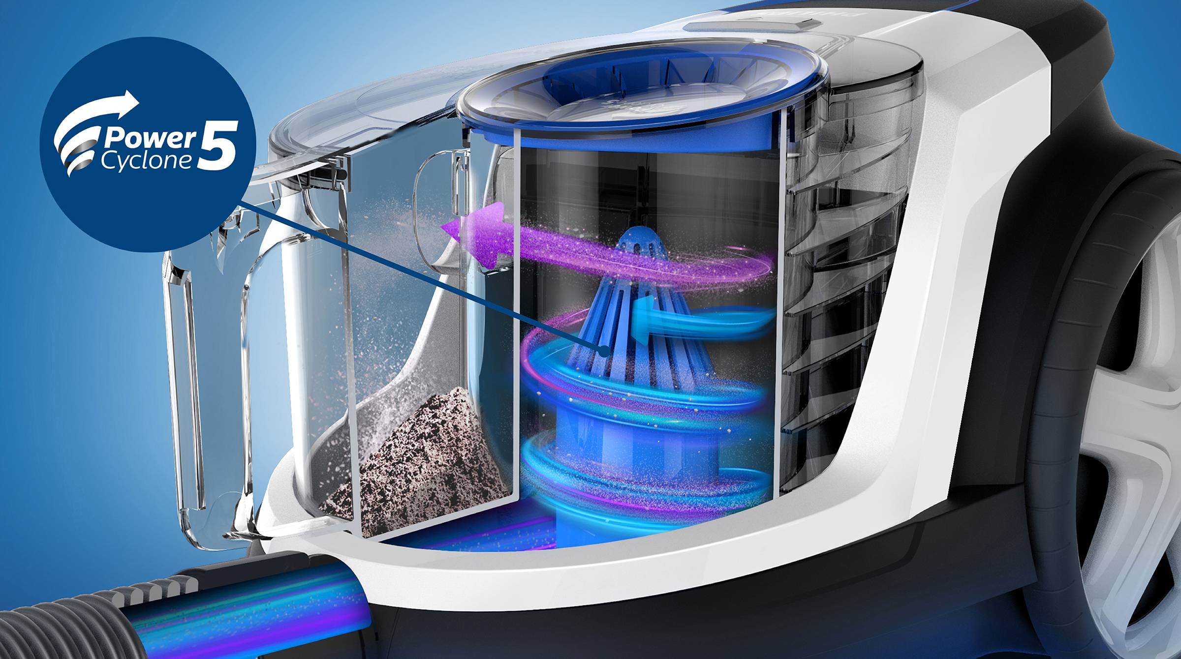 Ein Staubsauger mit durchsichtigem Gehäuse zeigt den 'PowerCyclone 5'-Mechanismus im Inneren, der Staub und Schmutz auffängt.