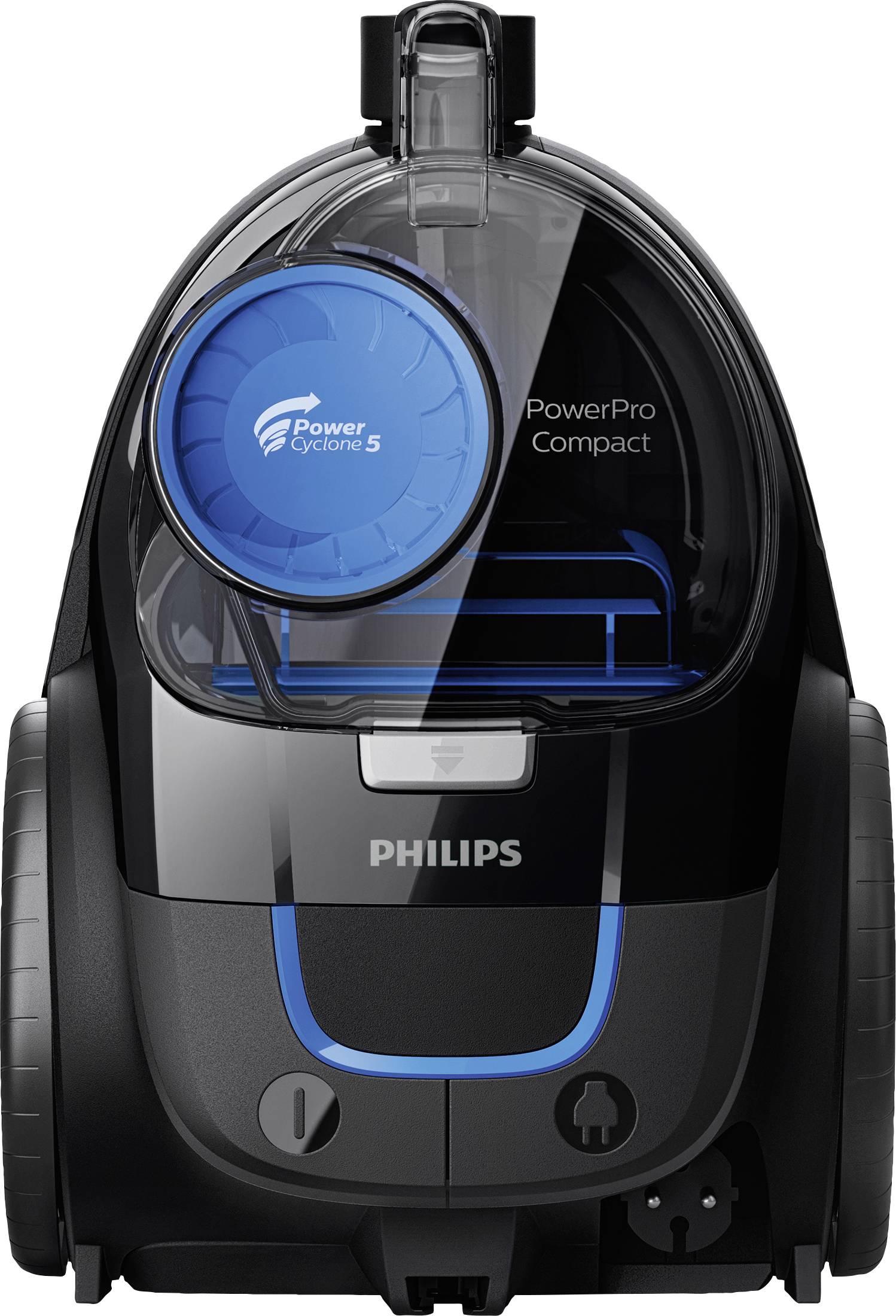 Ein schwarzer Staubsauger von Philips mit der Aufschrift 'PowerPro Compact' und 'PowerCyclone 5', vorne mit blauen Akzenten.