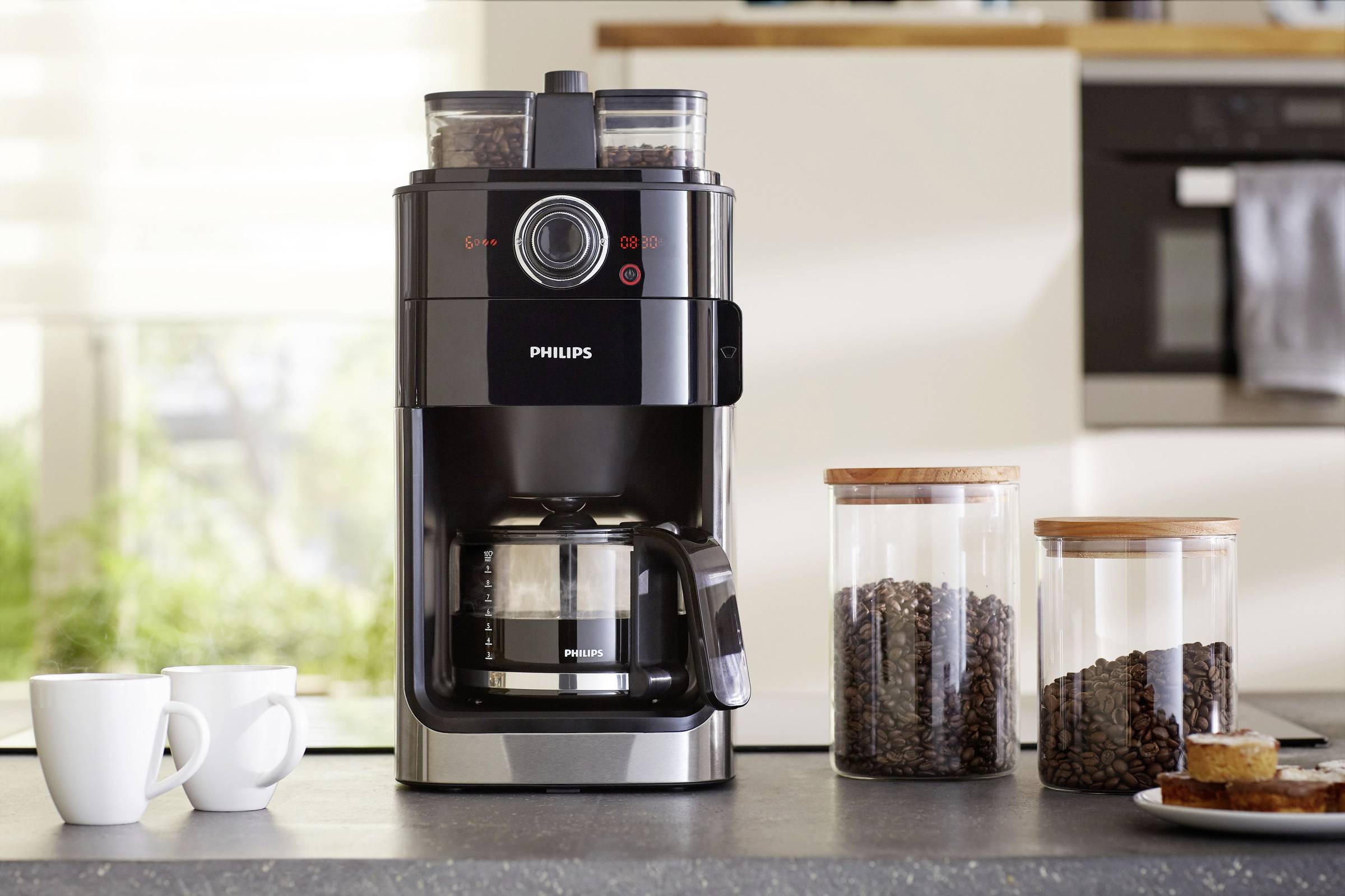 Philips Home HD7769/00 Grind und Brew Kaffeemaschine Schwarz, Edelstahl Fassungsvermögen Tassen=12 mit Mahlwerk, Timerfunktion, Display, zweiter Boh