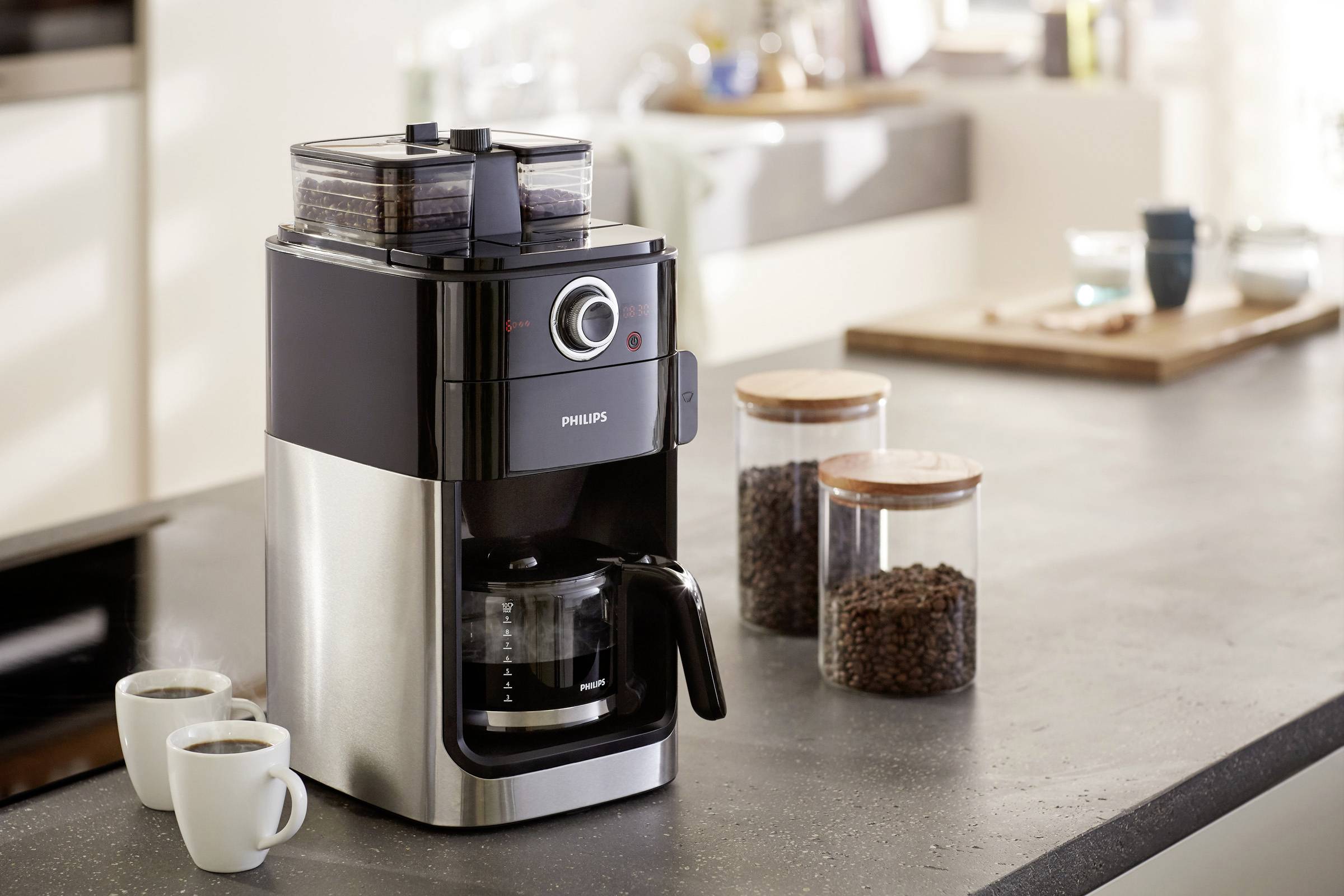 Philips Home HD7769/00 Grind und Brew Kaffeemaschine Schwarz, Edelstahl Fassungsvermögen Tassen=12 mit Mahlwerk, Timerfunktion, Display, zweiter Boh