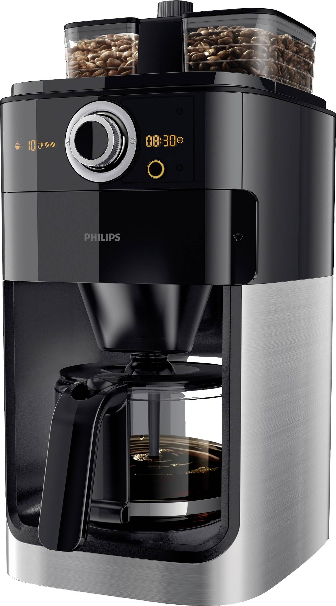 Philips Home HD7769/00 Grind und Brew Kaffeemaschine Schwarz, Edelstahl Fassungsvermögen Tassen=12 mit Mahlwerk, Timerfunktion, Display, zweiter Boh
