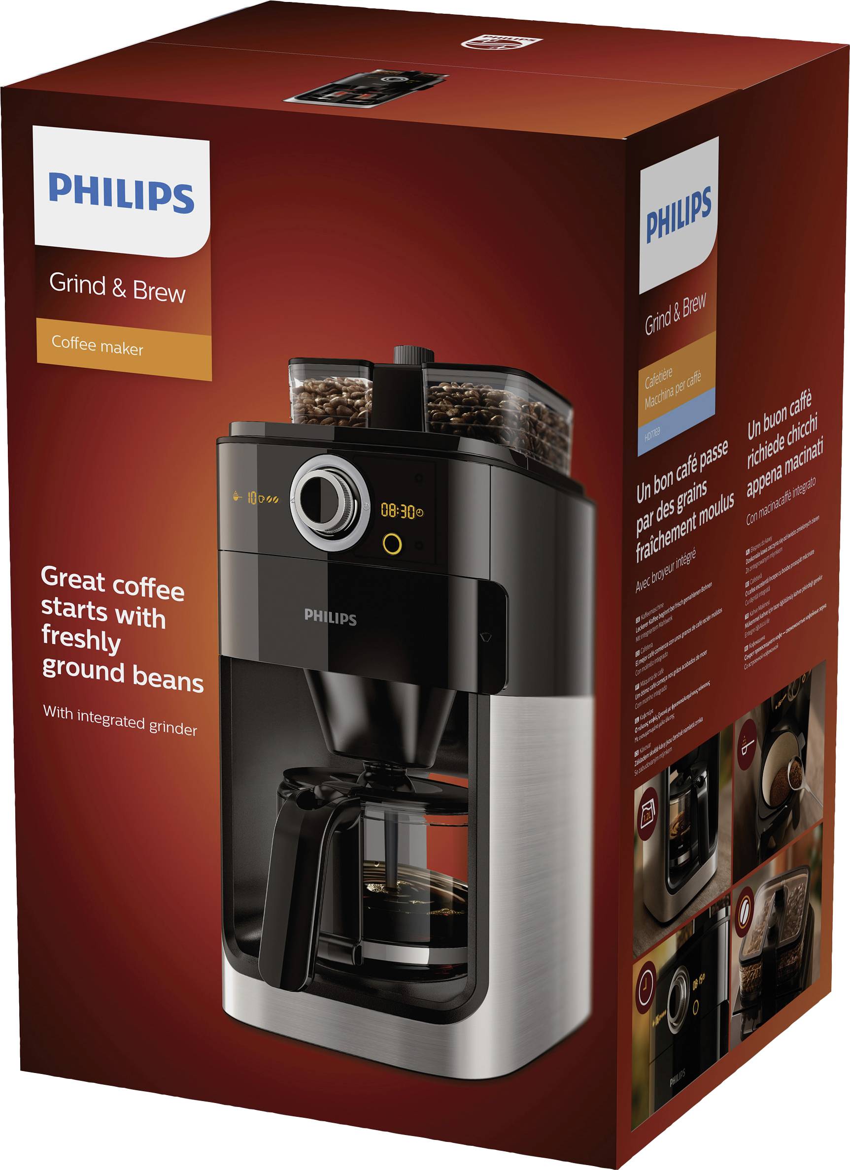 Philips Home HD7769/00 Grind und Brew Kaffeemaschine Schwarz, Edelstahl Fassungsvermögen Tassen=12 mit Mahlwerk, Timerfunktion, Display, zweiter Boh