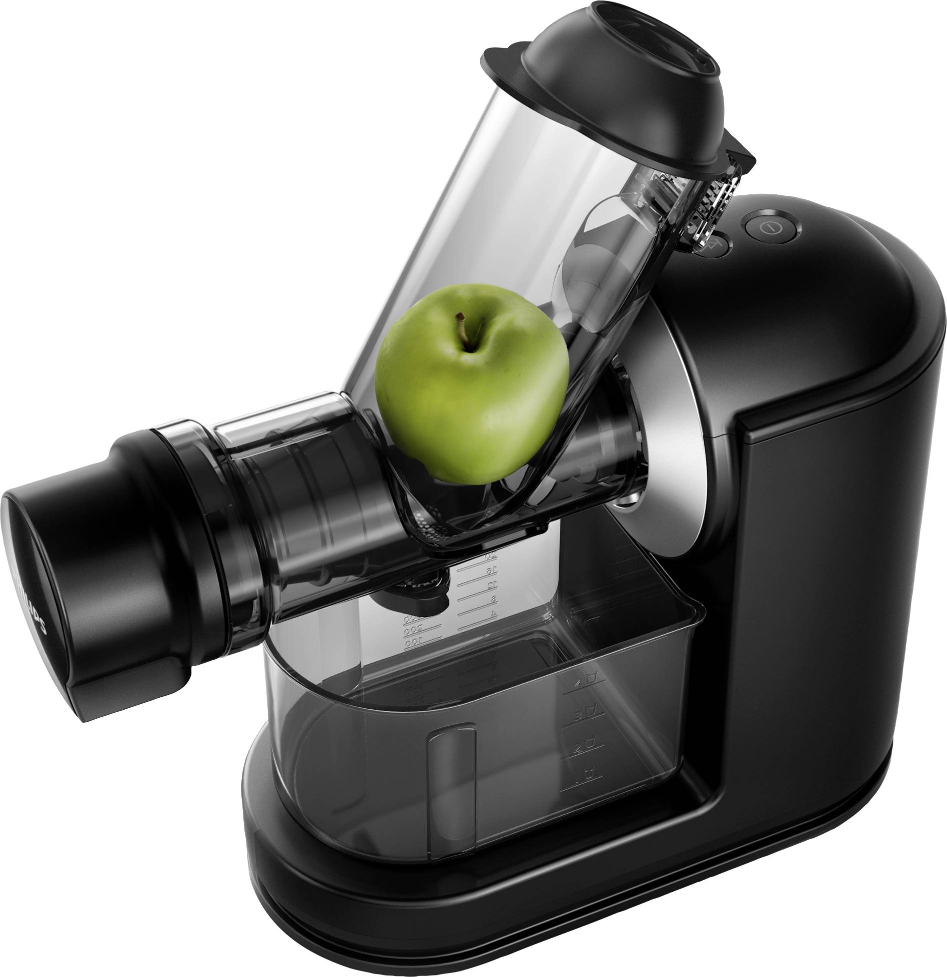 Eine schwarze Saftpresse mit einem grünen Apfel im Einfüllrohr. Das Gerät hat einen durchsichtigen Behälter, um den Saft aufzufangen.