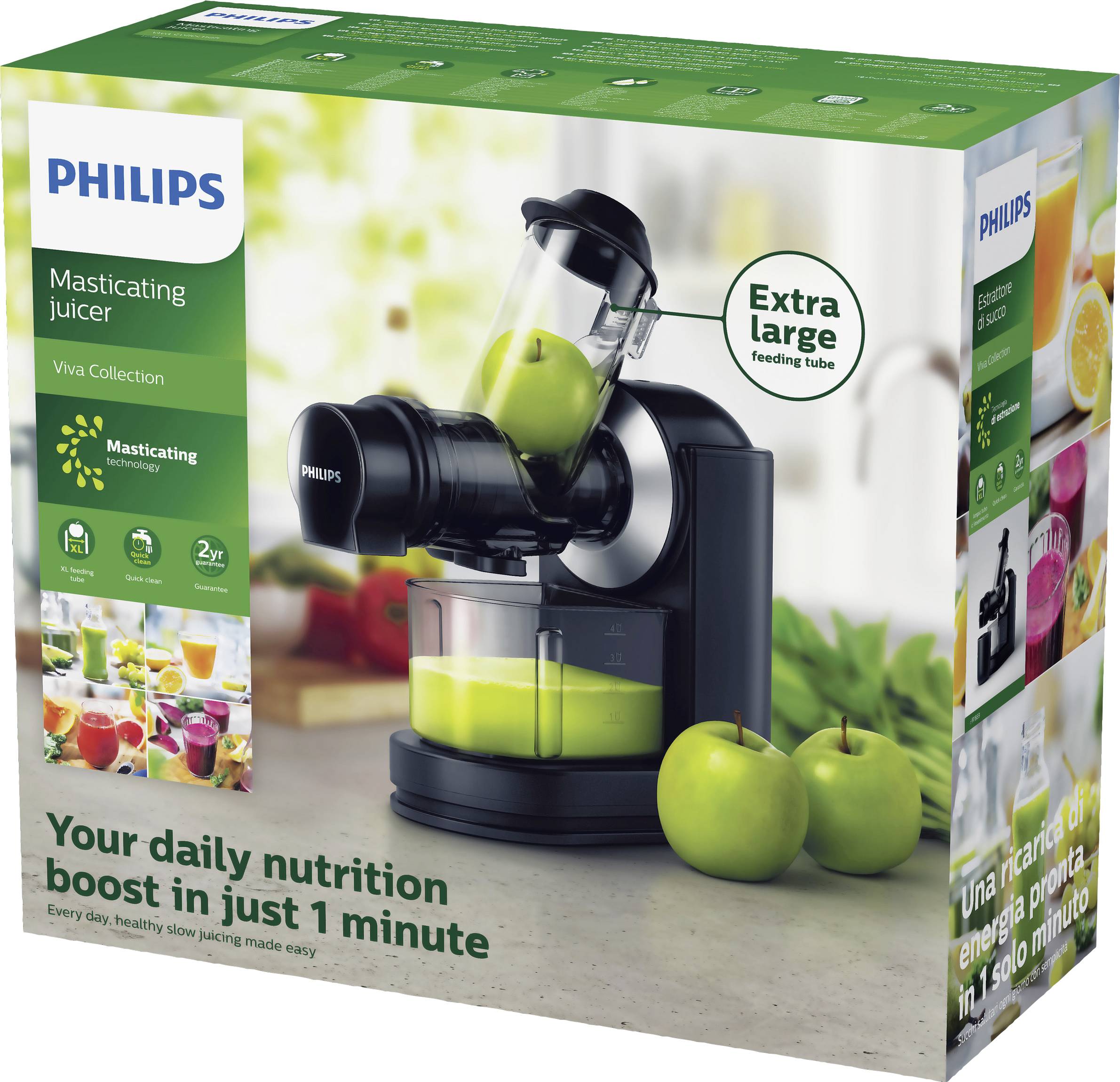 Verpackung eines Philips Entsafters mit Bild des Geräts, grünem Apfel und Saft. Text: 'Your daily nutrition boost in just 1 minute'.