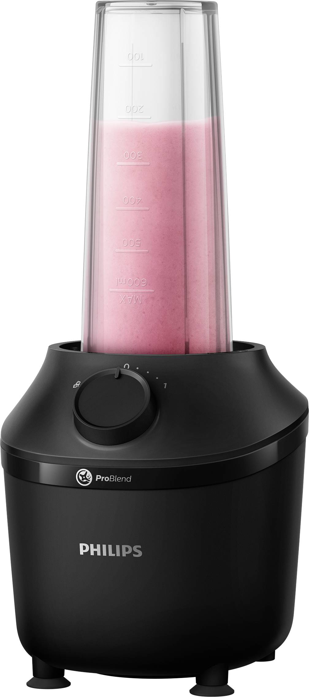 Ein schwarzer Philips Standmixer mit rosa Smoothie im Behälter, abgestuft mit Milliliter-Markierungen.