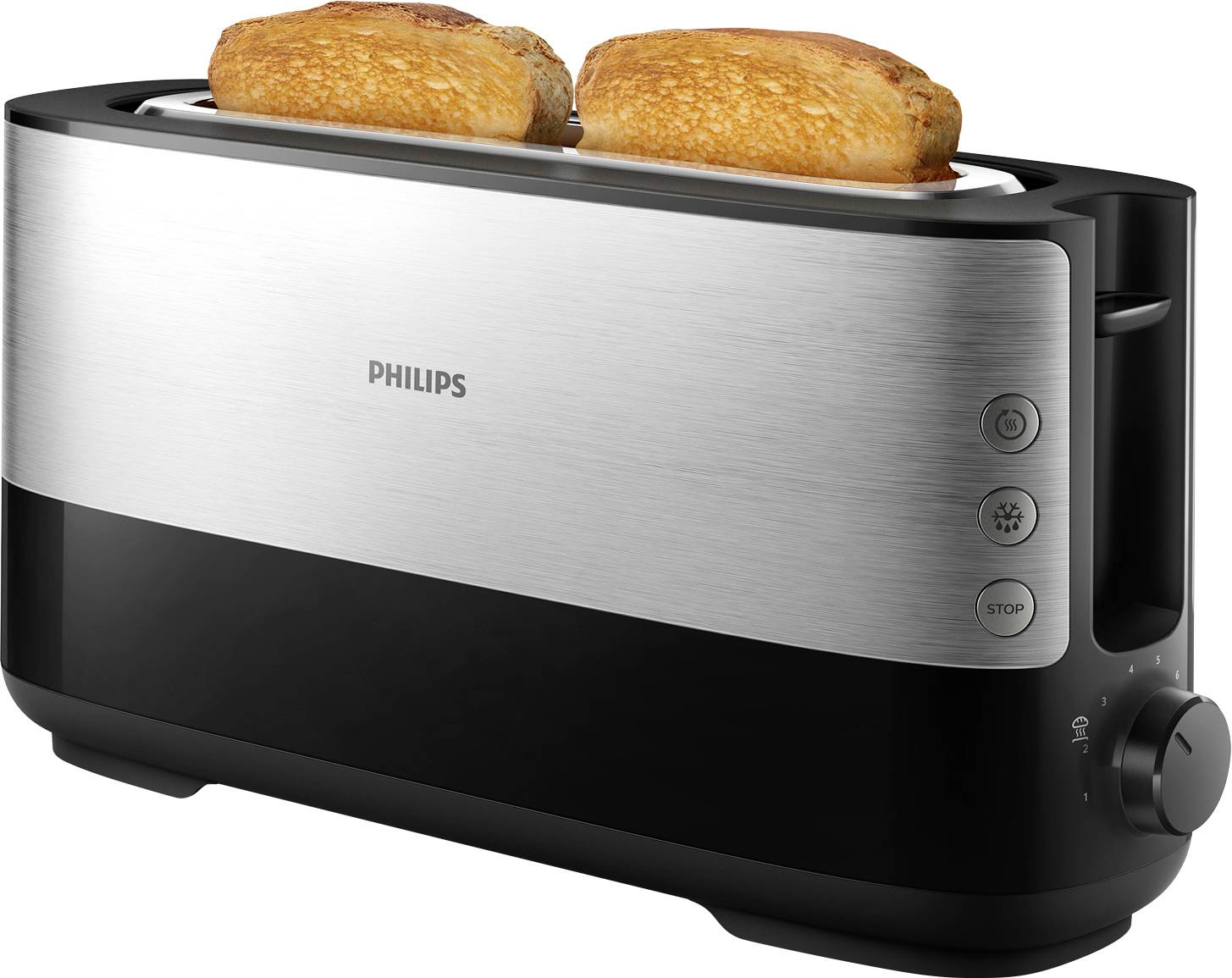 Ein moderner Toaster mit zwei Brotscheiben wird gezeigt. Der Toaster hat eine silberne Front und schwarze Akzente mit Bedienelementen.