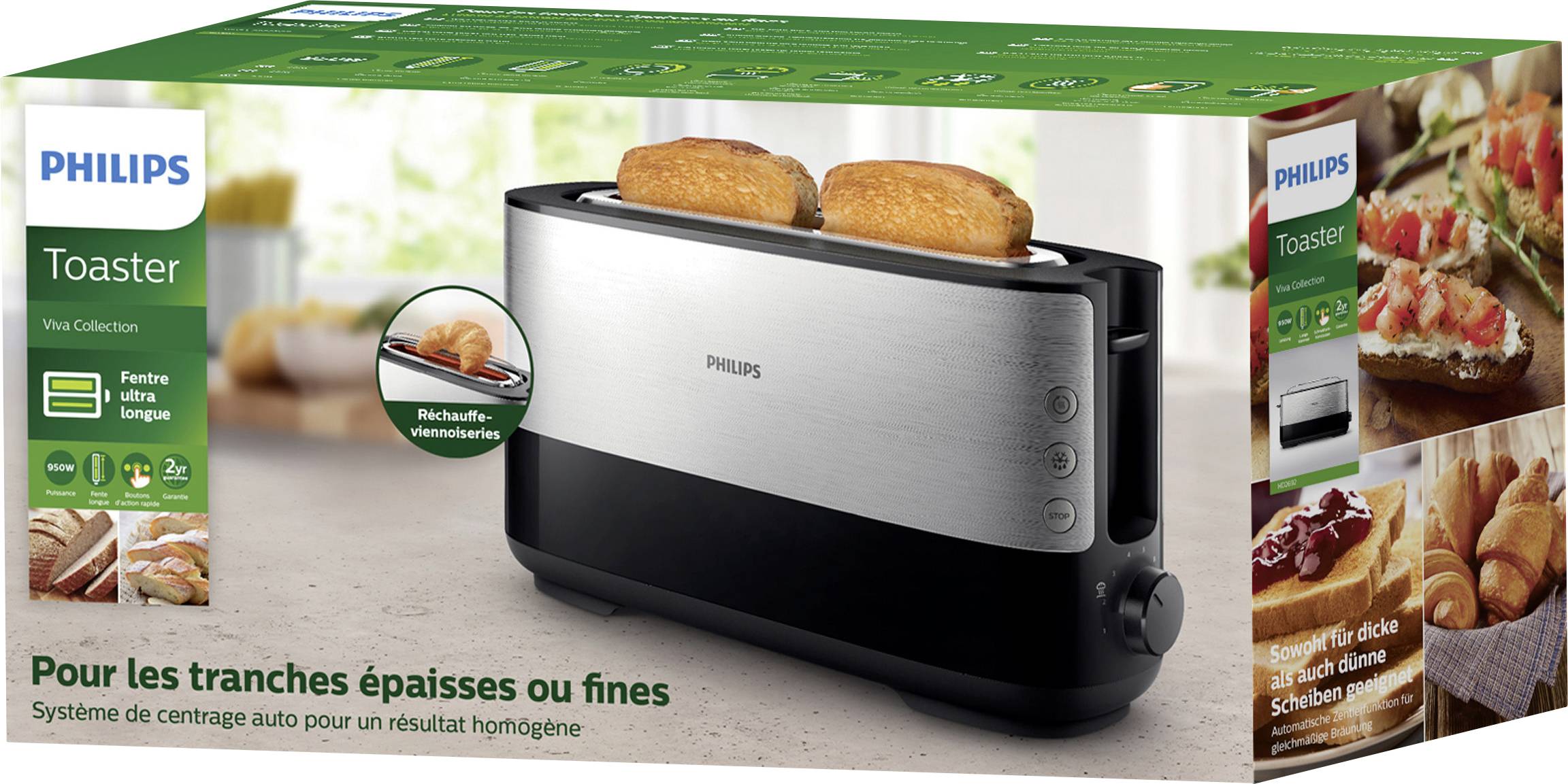 Philips Toaster, Edelstahl, für dicke oder dünne Scheiben, automatische Zentrierung, zwei Toasts im Toaster sichtbar auf Verpackung.