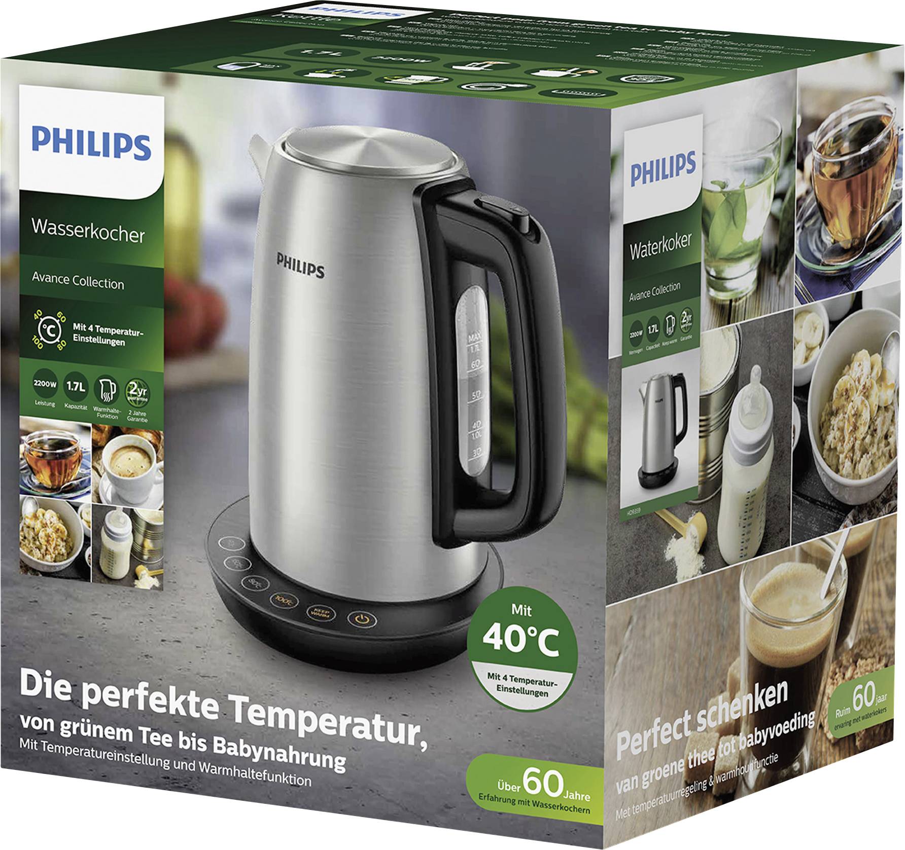 Philips Wasserkocher mit Temperatureinstellung und Warmhaltefunktion, geeignet für grünen Tee bis Babynahrung, Edelstahl.