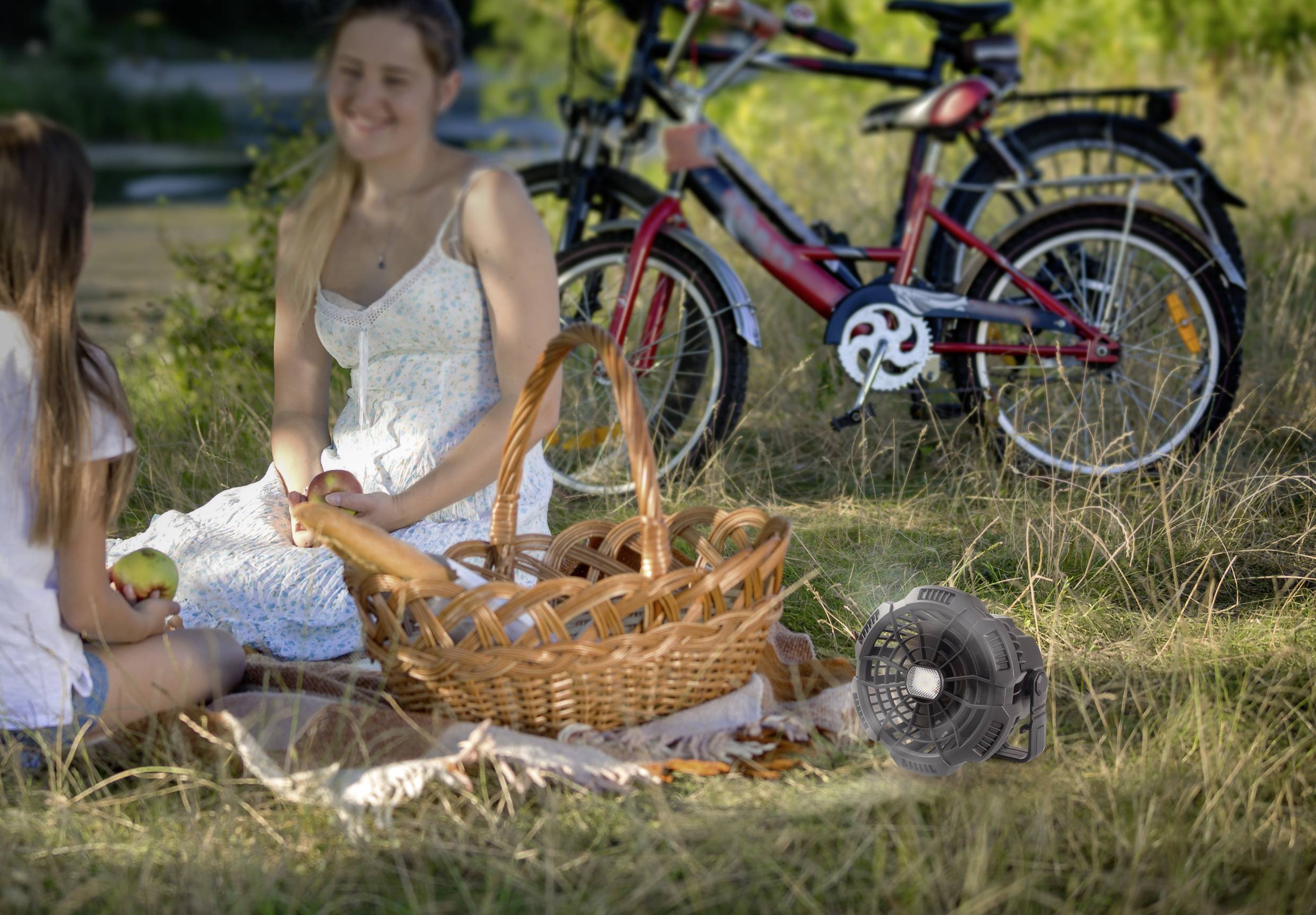 Zwei Personen sitzen auf einer Decke im Park mit einem Picknickkorb. Im Hintergrund stehen Fahrräder.