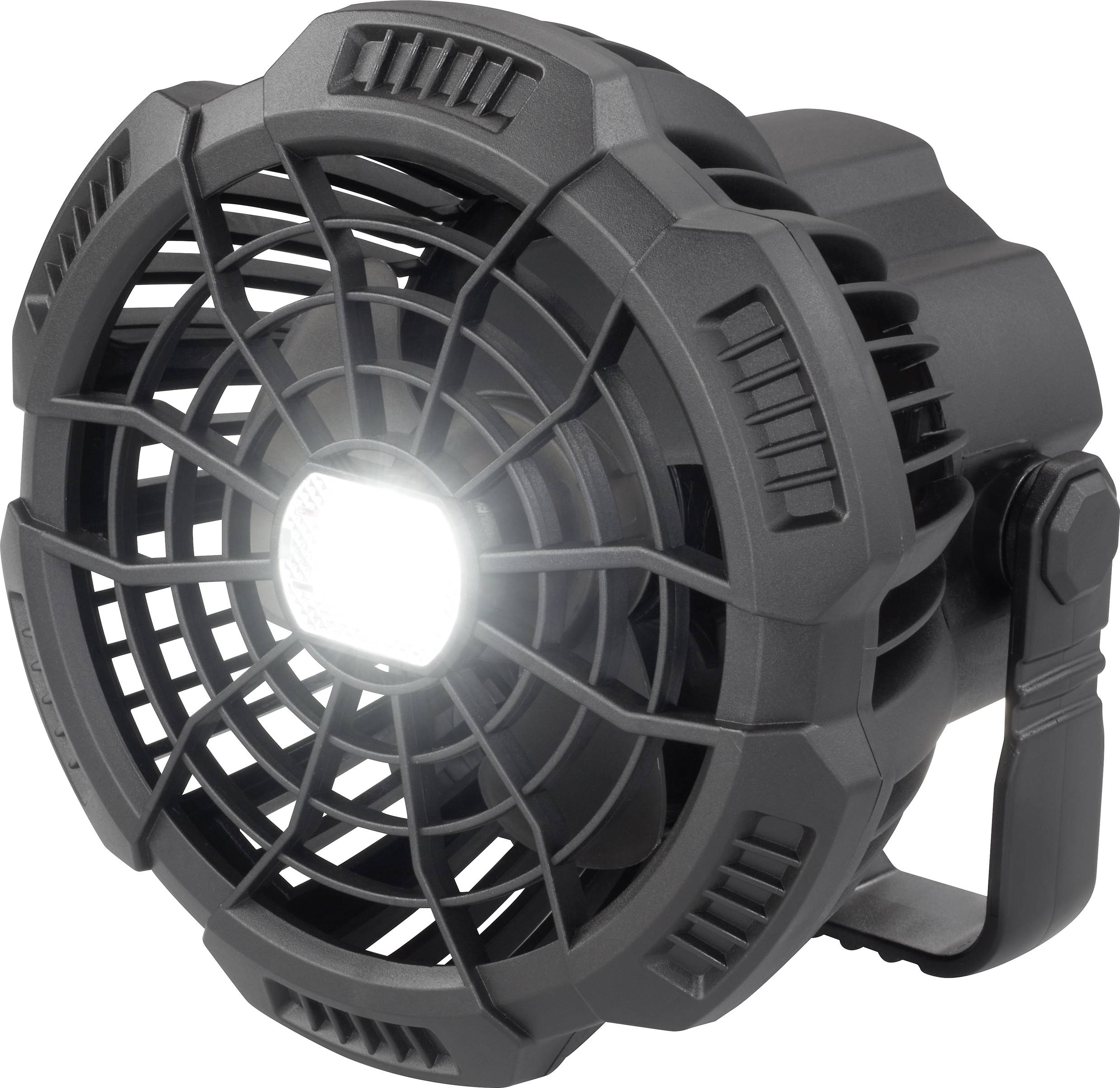 Tragbarer LED-Strahler mit robustem Gehäuse und Griff, leuchtet hell in dunklen Umgebungen.