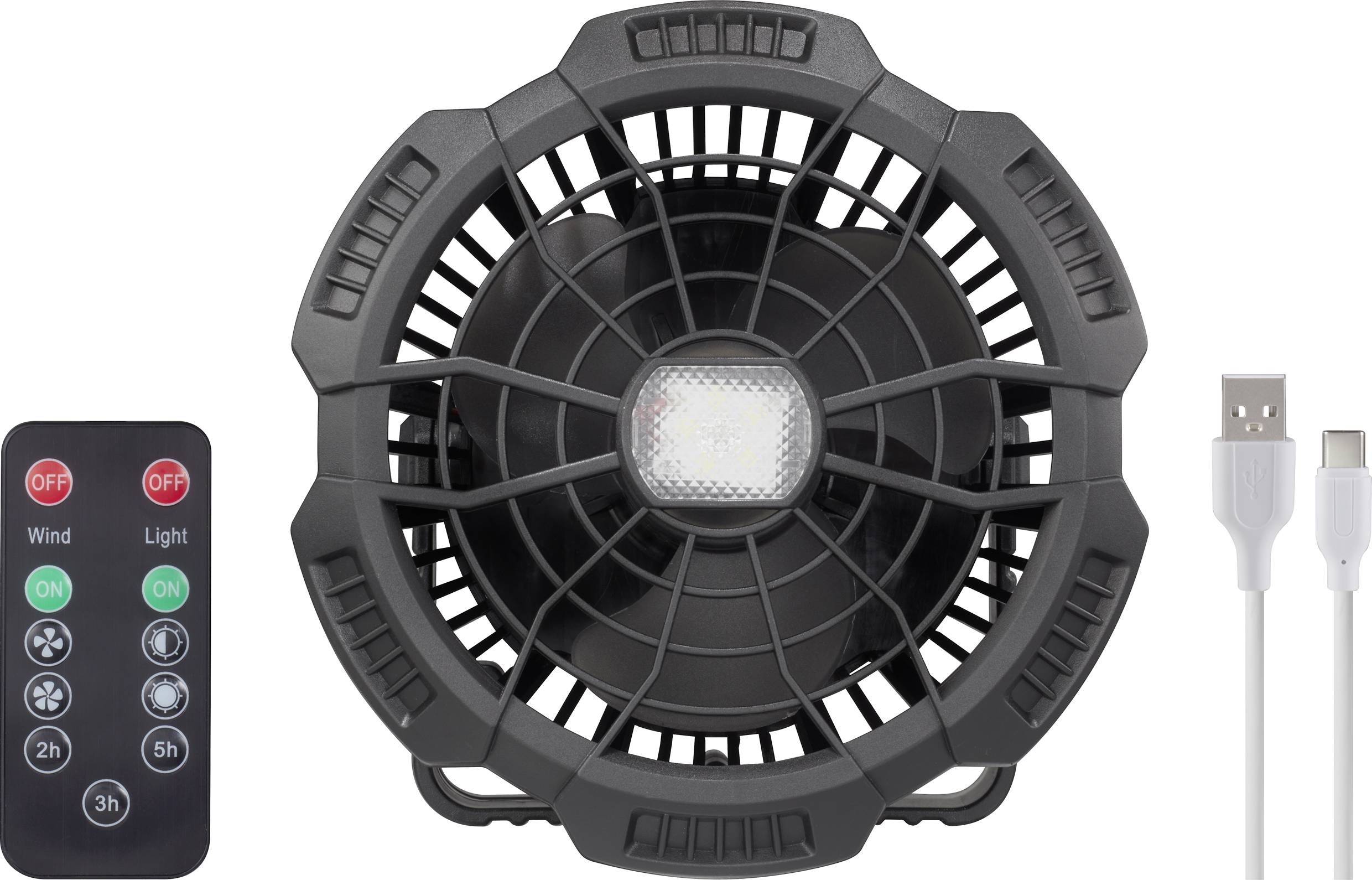 Schwarzer Ventilator mit Licht, rechteckige Fernbedienung mit Tasten für Wind, Licht und Timer, USB-Kabel rechts.