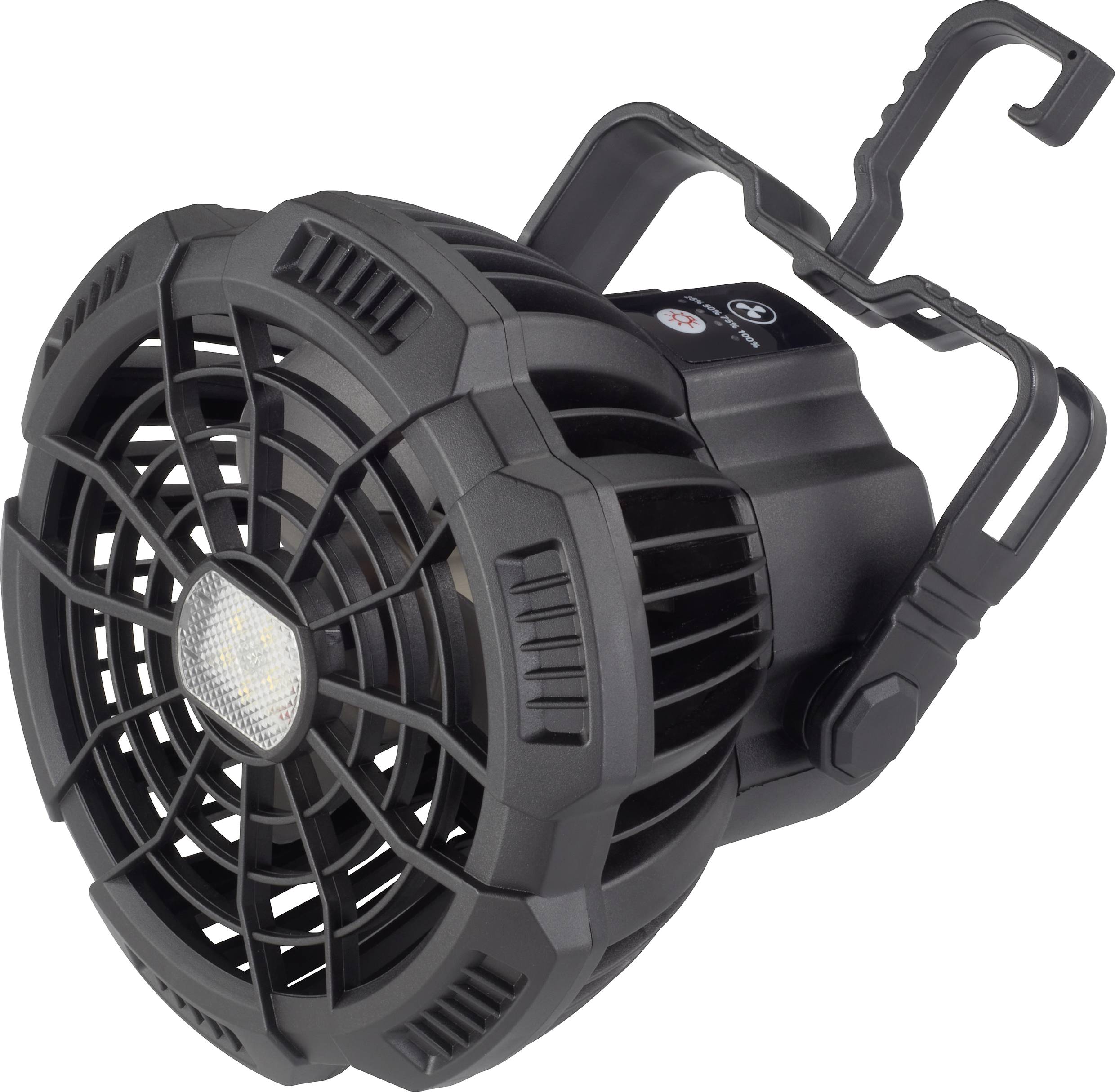 Schwarzer tragbarer Ventilator mit Haken zum Aufhängen, seitliche Lüftungsschlitze und Bedienknöpfe auf der Oberseite.