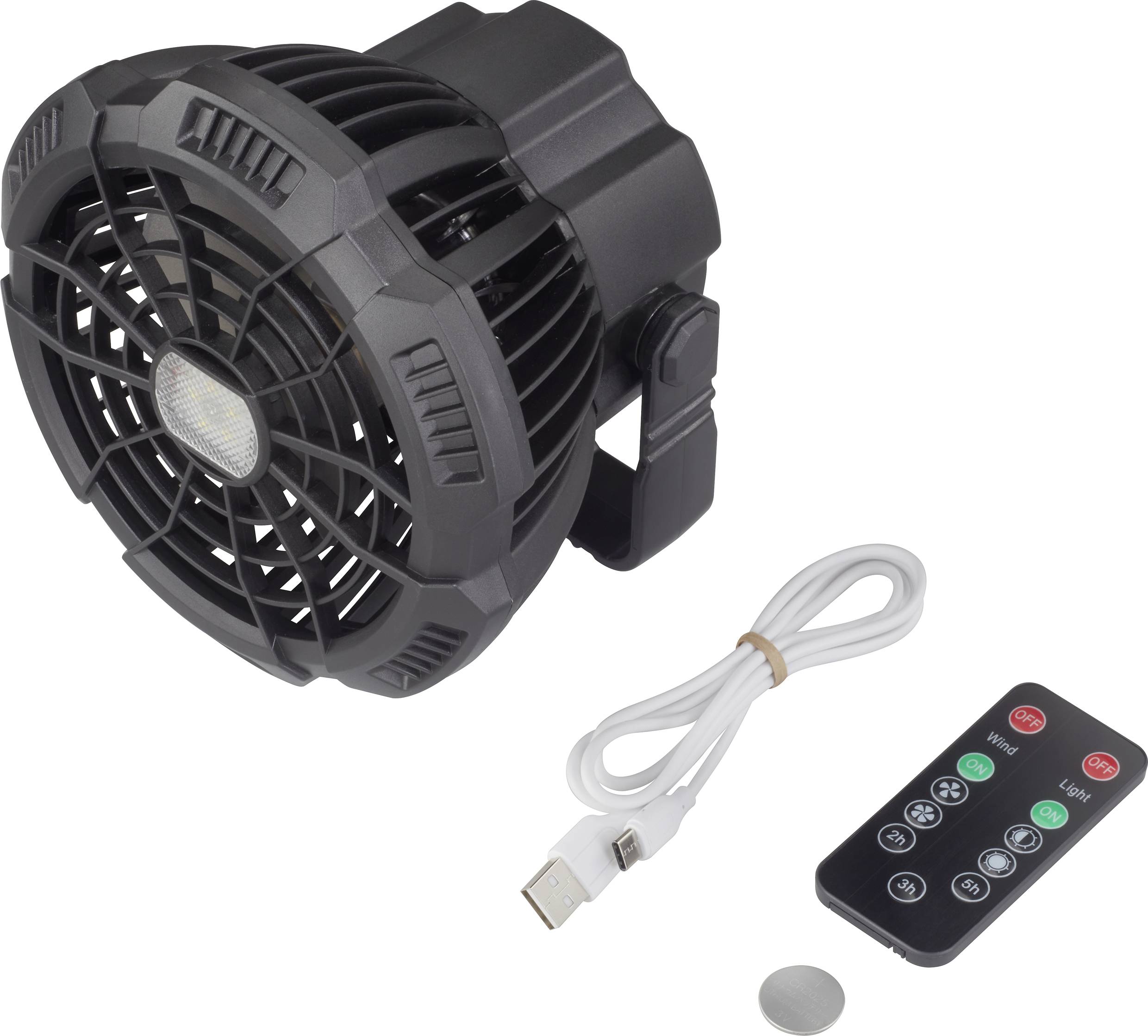 Ein schwarzer Tischventilator mit Gitterabdeckung, abgebildet mit einer Fernbedienung, einem USB-Kabel und einer Batterie.