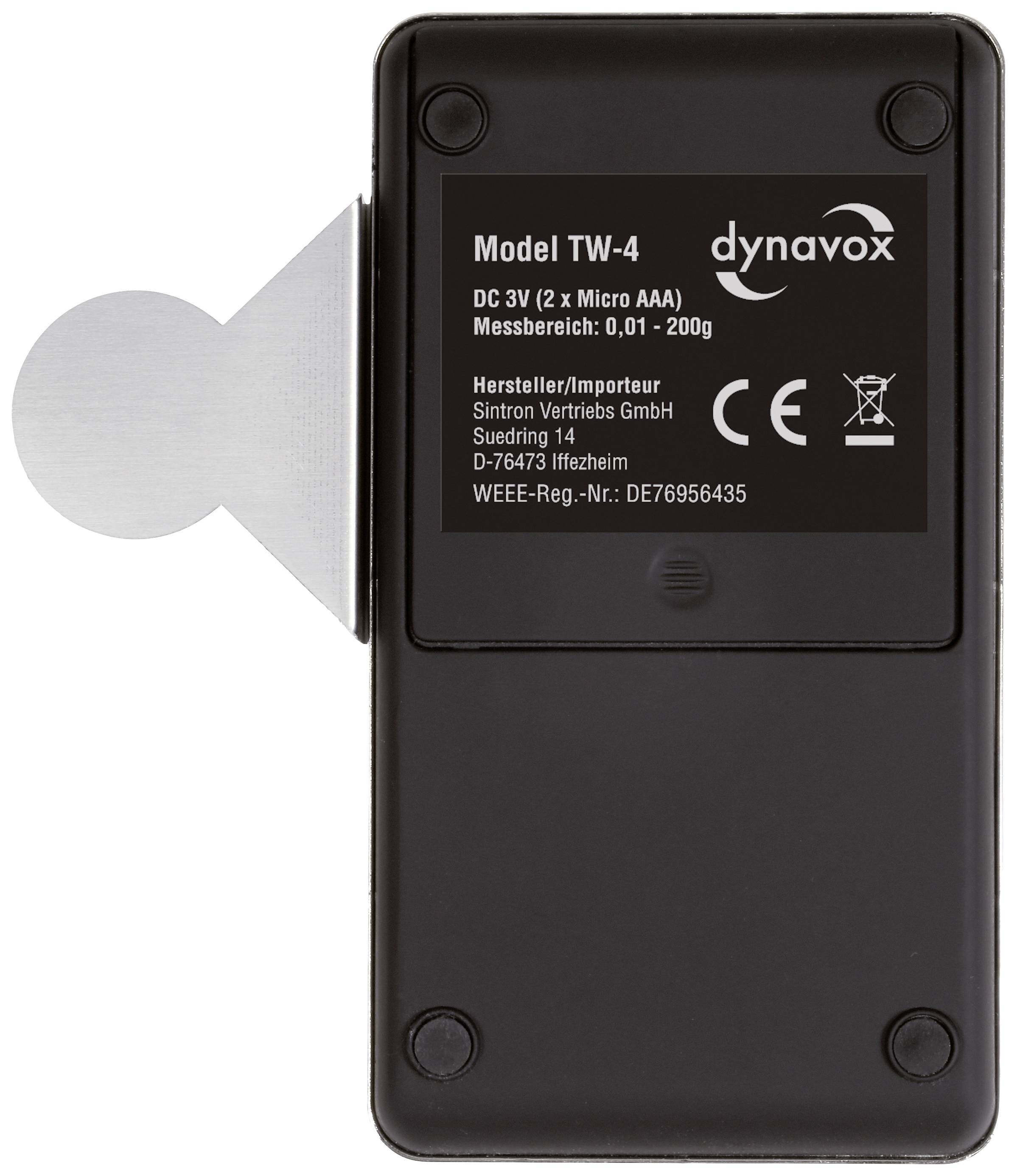 Schwarze digitale Waage 'dynavox Model TW-4' mit silbernem Haken. Messebereich: 0,01-200g. Hersteller: Sintron Vertriebs GmbH, Ifzheim.