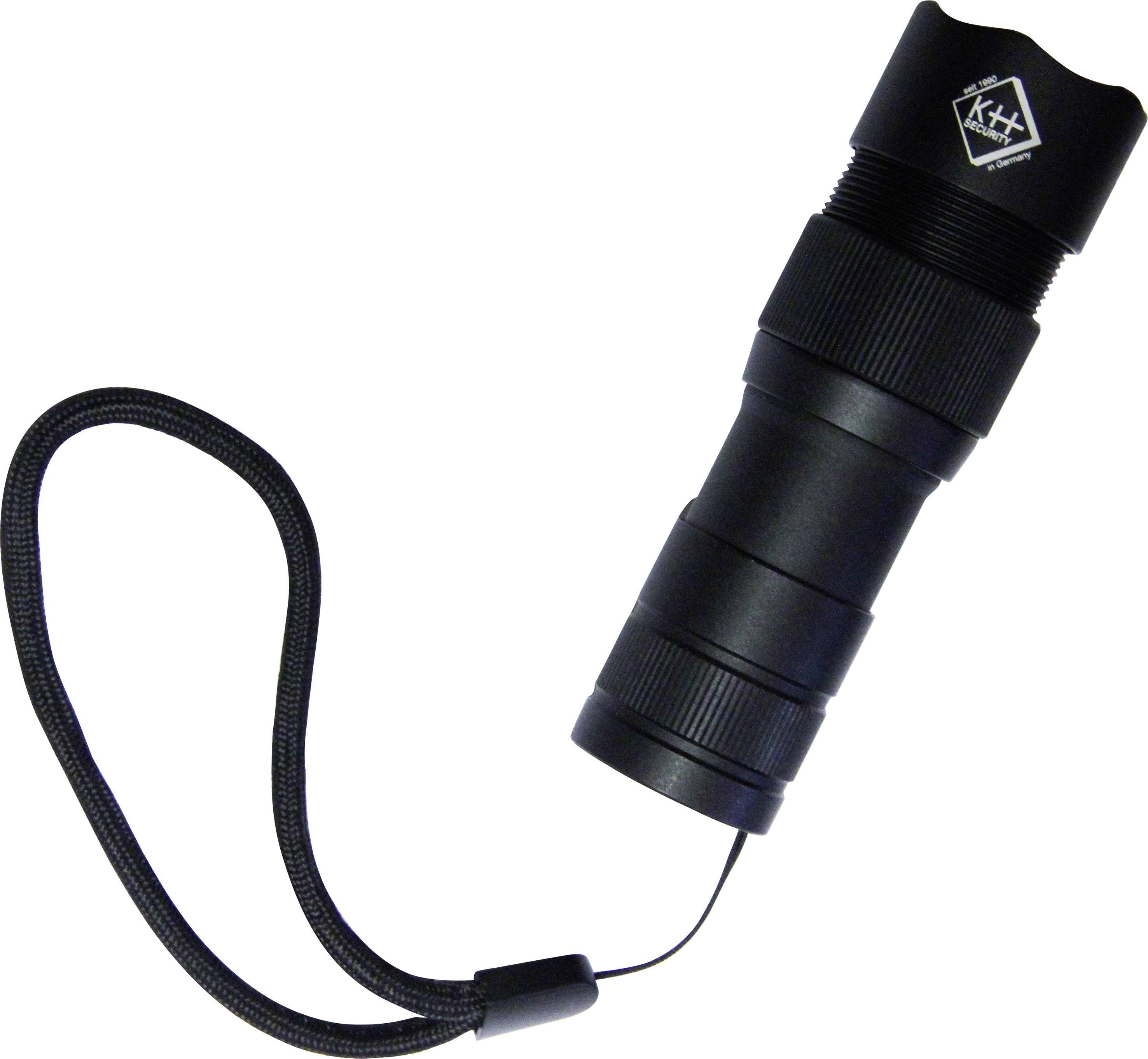 Eine kompakte schwarze Taschenlampe mit Umhängeband, zylinderförmig und gerippt für besseren Halt.