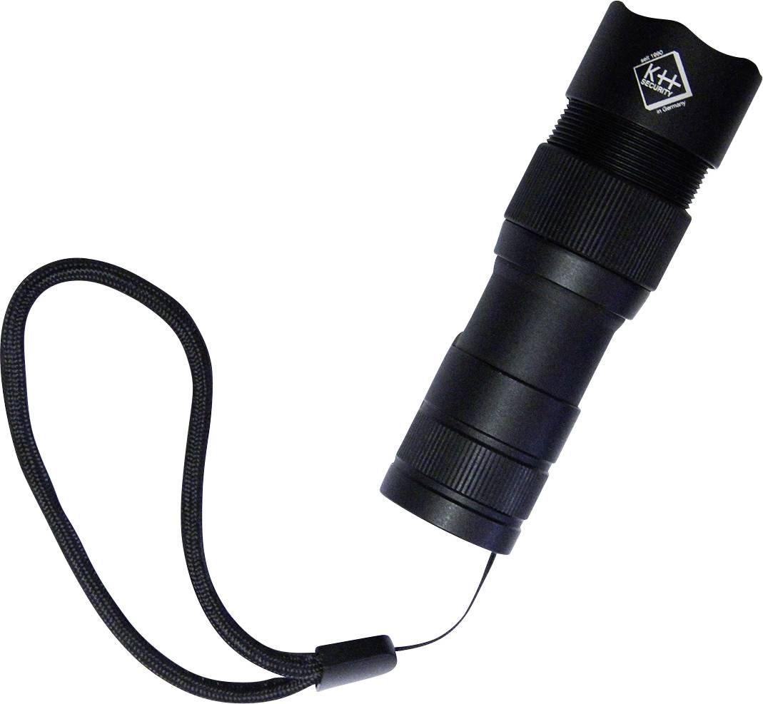 Schwarze Taschenlampe mit Handschlaufe, kompakt und robust, geeignet für Outdoor-Aktivitäten.