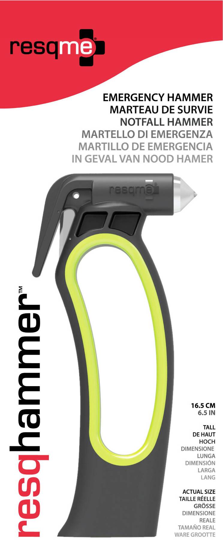 'resqhammer' Rettungshammer. 16,5 cm, kompakt für Notfälle. Enthält Klingen zum Gurtschneiden. Mehrsprachige Beschreibung.