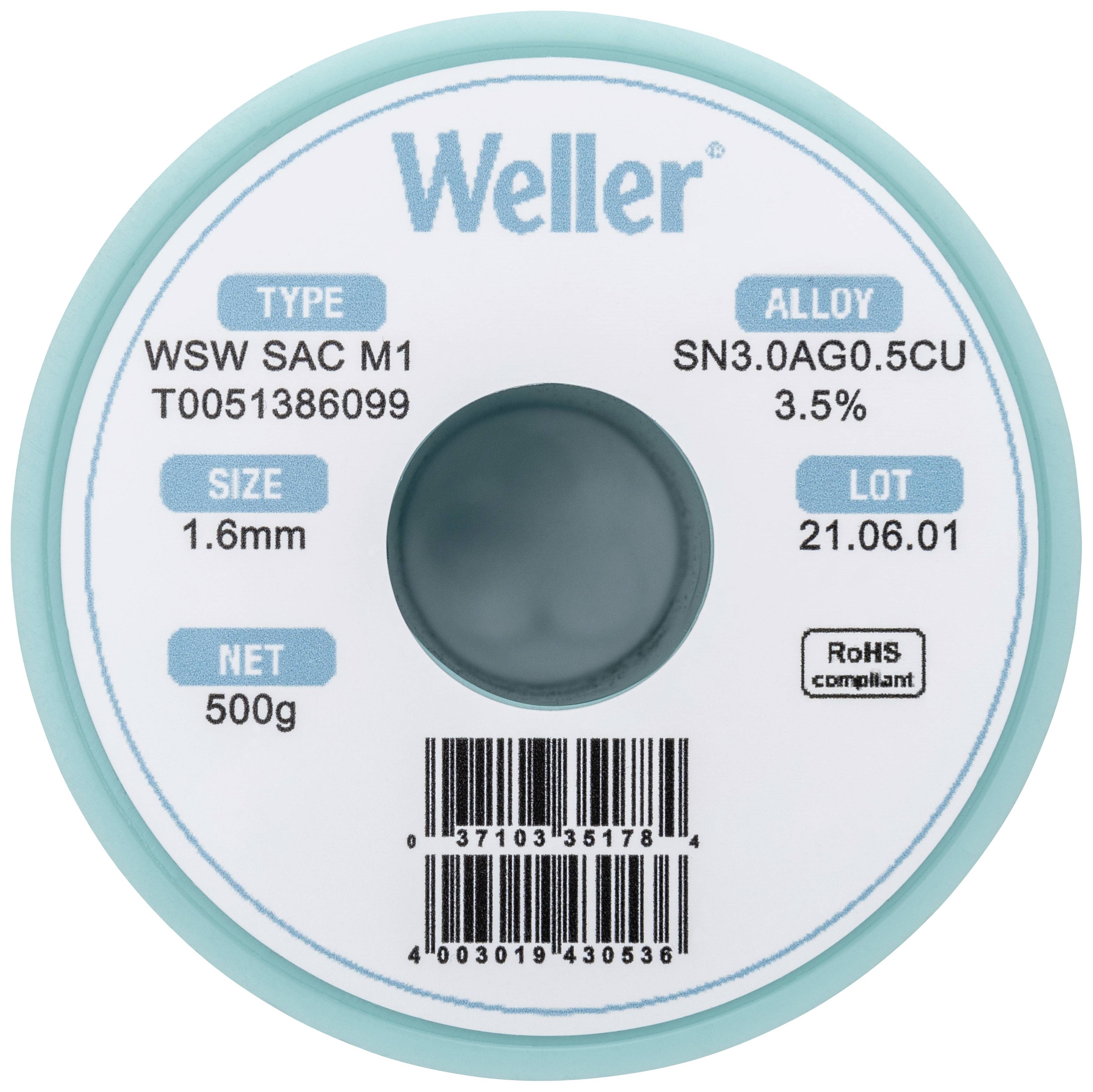 Weller T0051386099 Lötzinn, bleifrei Spule, bleifrei Sn3,0Ag0,5Cu 500g 1.60mm