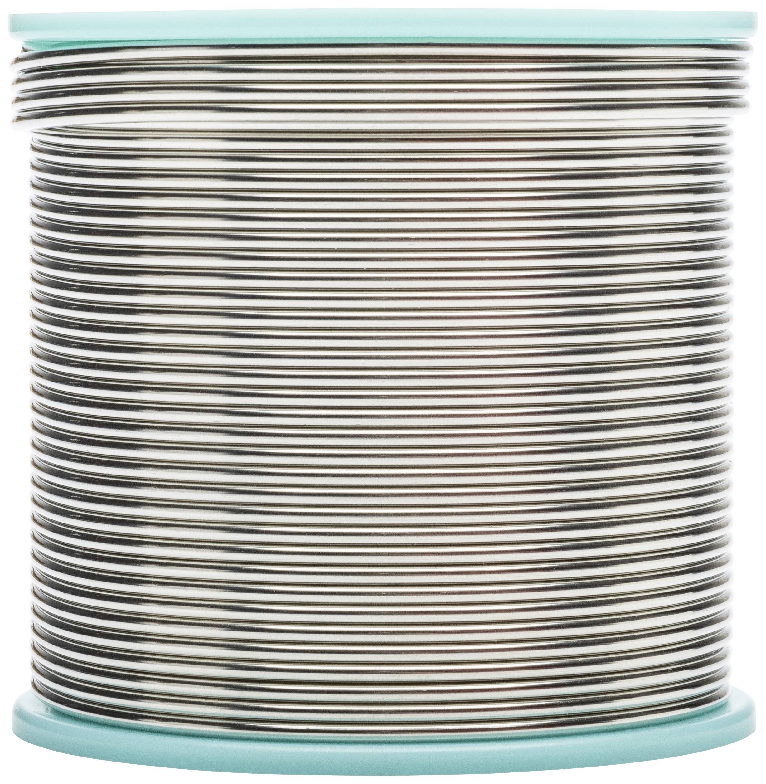 Spule aus silbernem Draht mit türkisfarbenem Rand, wahrscheinlich für Handwerksarbeiten oder Elektronik.