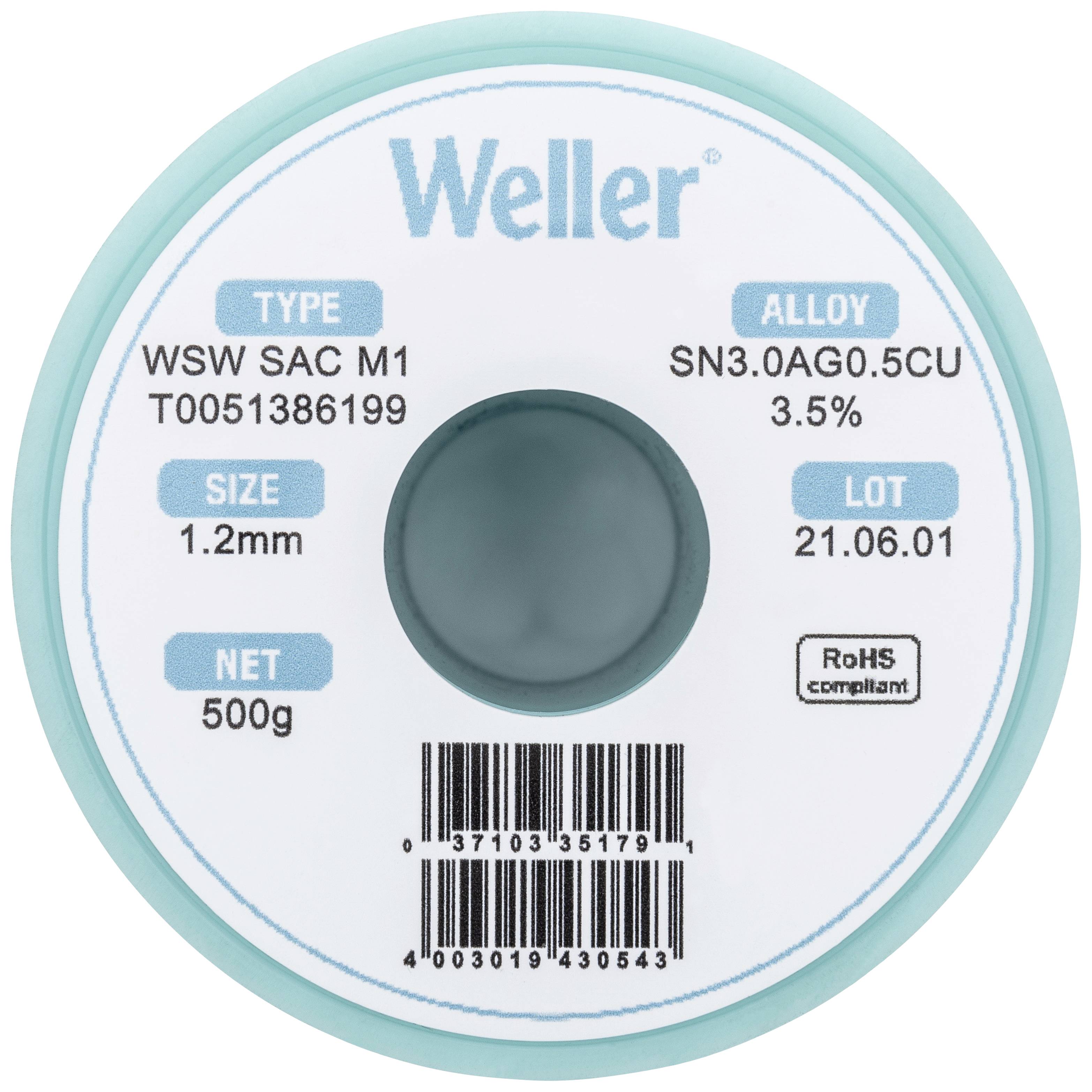 Weller T0051386199 Lötzinn, bleifrei Spule, bleifrei Sn3,0Ag0,5Cu 500g 1.20mm