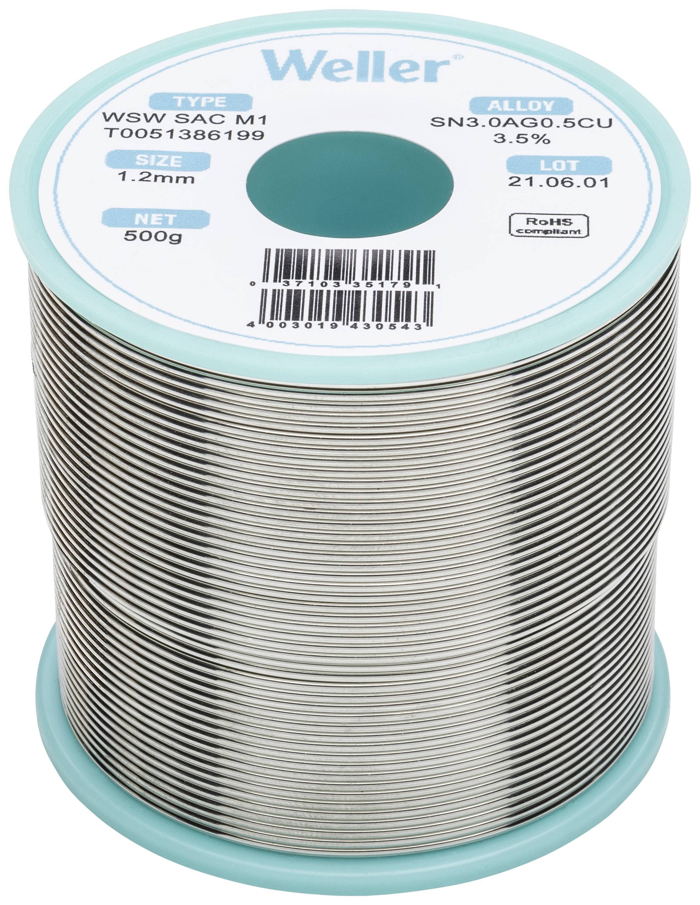 Weller T0051386199 Lötzinn, bleifrei Spule, bleifrei Sn3,0Ag0,5Cu 500g 1.20mm