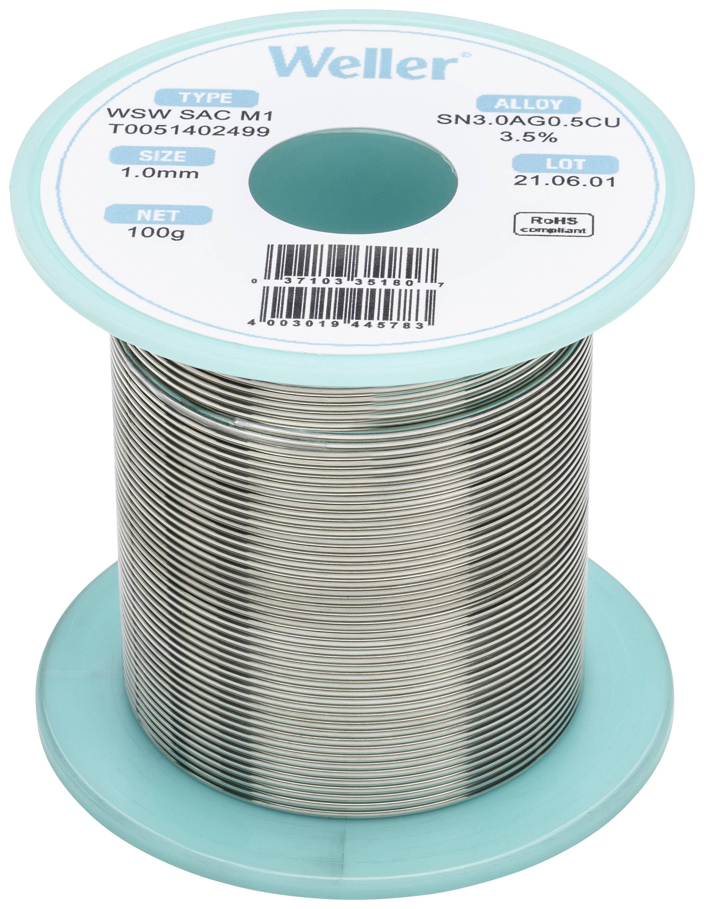 Lötzinnrolle, Marke Weller, 100g, 1mm Durchmesser, Legierung SN3.0AG0.5CU, Losnummer 21.06.01.