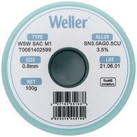 Weller T0051402599 Lötzinn, bleifrei Spule, bleifrei Sn3,0Ag0,5Cu 100g 0.8mm Weller T0051402599 Lötzinn, bleifrei Spule, bleifrei Sn3,0Ag0,5Cu 100g 0.8mm