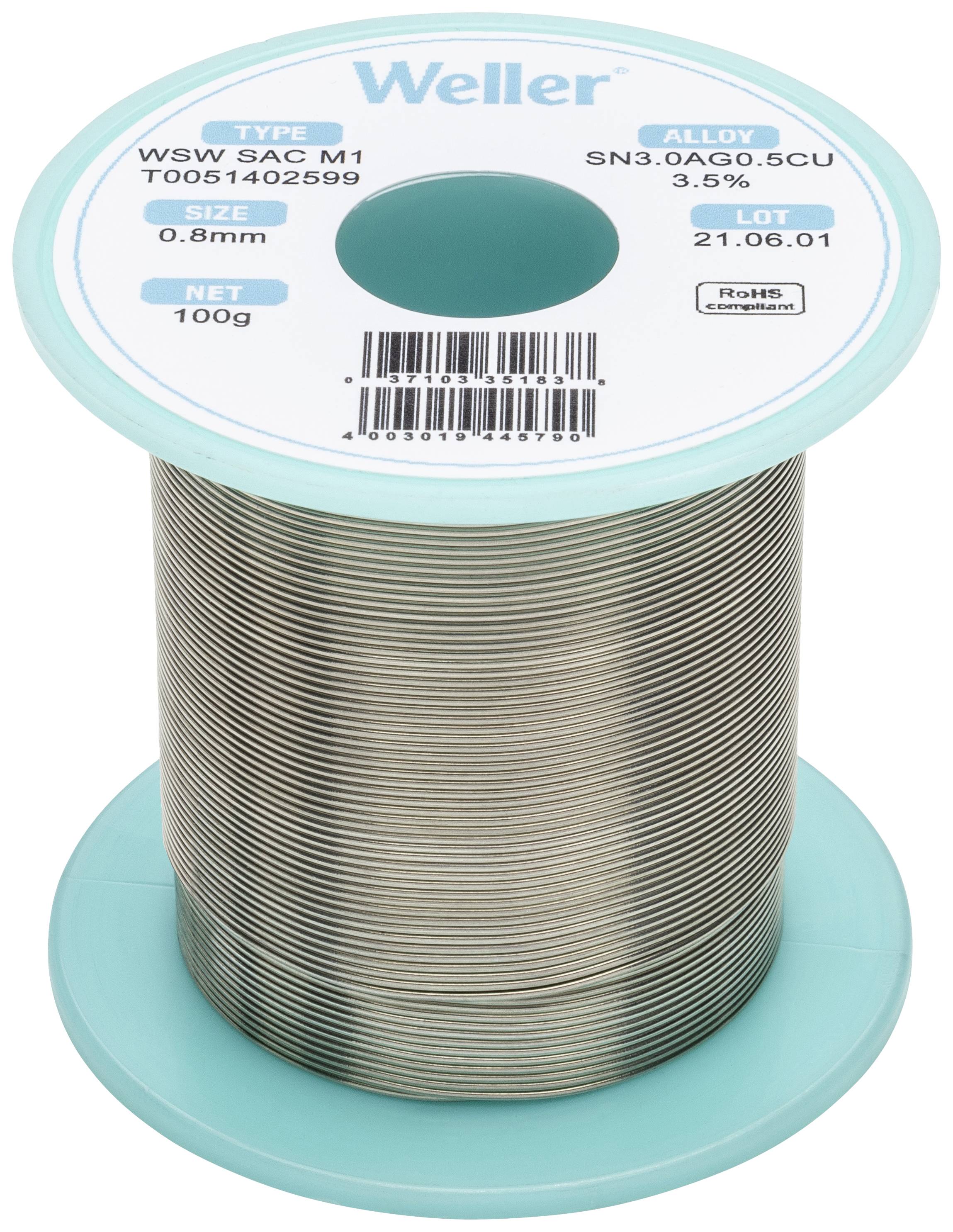Lötzinnrolle der Marke 'Weller', Modell WSW SAC M1, 0,8 mm Durchmesser, 100 g, Legierung SN3.0AG0.5CU, Herstellung am 21.06.01.