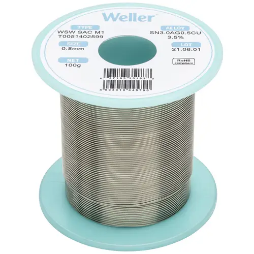 Weller T0051402599 Lötzinn, bleifrei Spule, bleifrei Sn3,0Ag0,5Cu 100g 0.8mm Weller T0051402599 Lötzinn, bleifrei Spule, bleifrei Sn3,0Ag0,5Cu 100g 0.8mm
