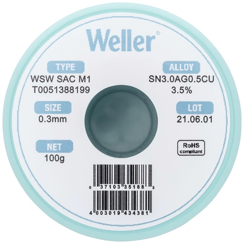 Weller T0051388199 Lötzinn, bleifrei Spule, bleifrei Sn3,0Ag0,5Cu 100g 0.30mm Weller T0051388199 Lötzinn, bleifrei Spule, bleifrei Sn3,0Ag0,5Cu 100g 0.30mm