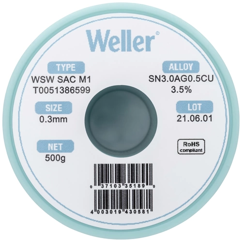 Weller T0051386599 Lötzinn, bleifrei Spule, bleifrei Sn3,0Ag0,5Cu 500g 0.30mm Weller T0051386599 Lötzinn, bleifrei Spule, bleifrei Sn3,0Ag0,5Cu 500g 0.30mm