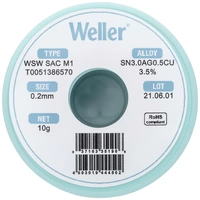 Weller T0051386570 Lötzinn, bleifrei Spule, bleifrei Sn3,0Ag0,5Cu 10g 0.20mm Weller T0051386570 Lötzinn, bleifrei Spule, bleifrei Sn3,0Ag0,5Cu 10g 0.20mm