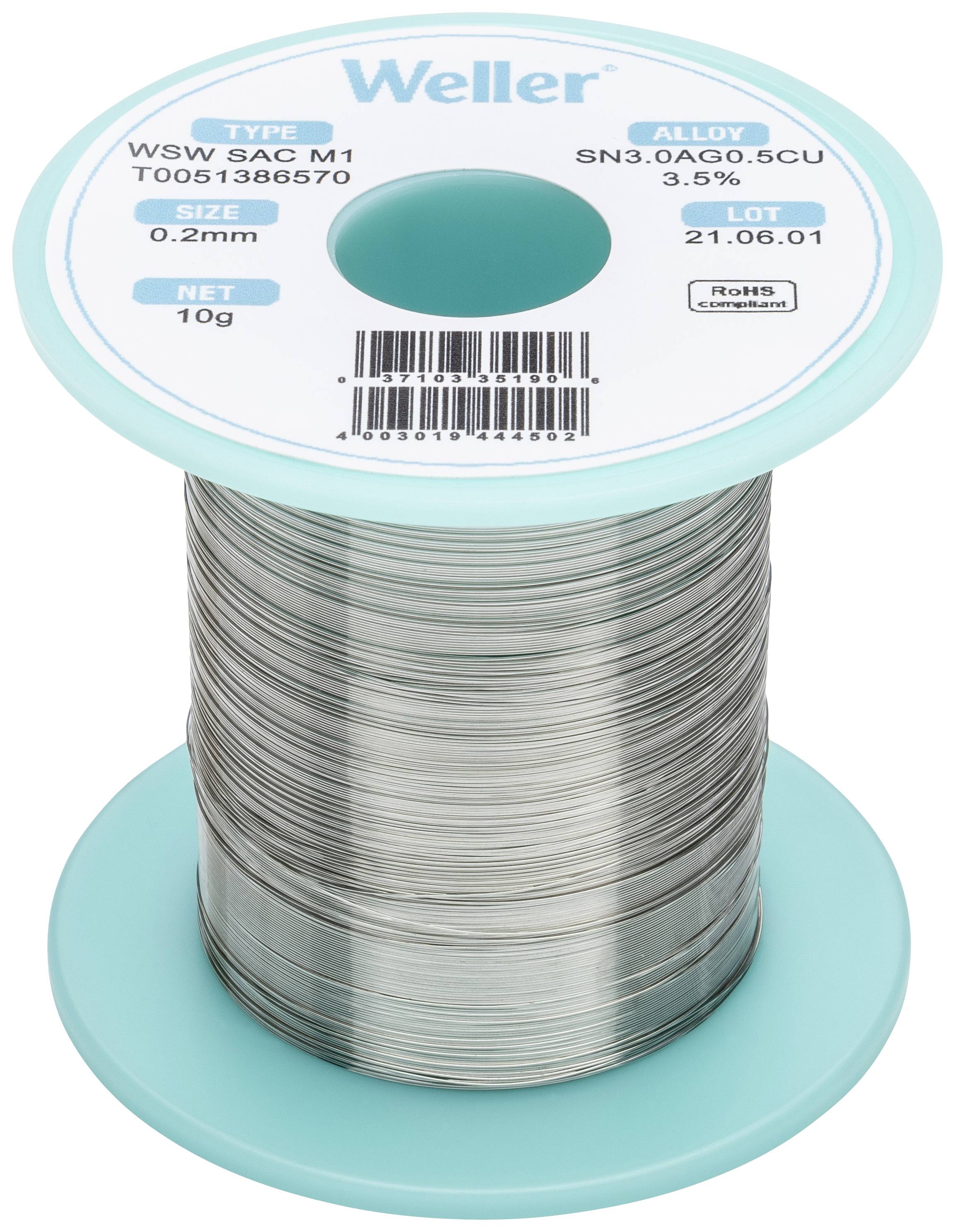 Weller T0051386570 Lötzinn, bleifrei Spule, bleifrei Sn3,0Ag0,5Cu 10g 0.20mm