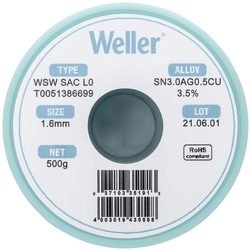 Weller T0051386699 Lötzinn, bleifrei Spule, bleifrei Sn3,0Ag0,5Cu 500g 1.60mm Weller T0051386699 Lötzinn, bleifrei Spule, bleifrei Sn3,0Ag0,5Cu 500g 1.60mm