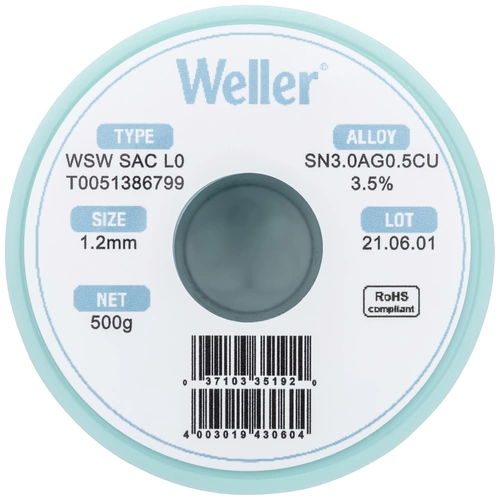 Weller T0051386799 Lötzinn, bleifrei Spule, bleifrei Sn3,0Ag0,5Cu 500g 1.20mm Weller T0051386799 Lötzinn, bleifrei Spule, bleifrei Sn3,0Ag0,5Cu 500g 1.20mm