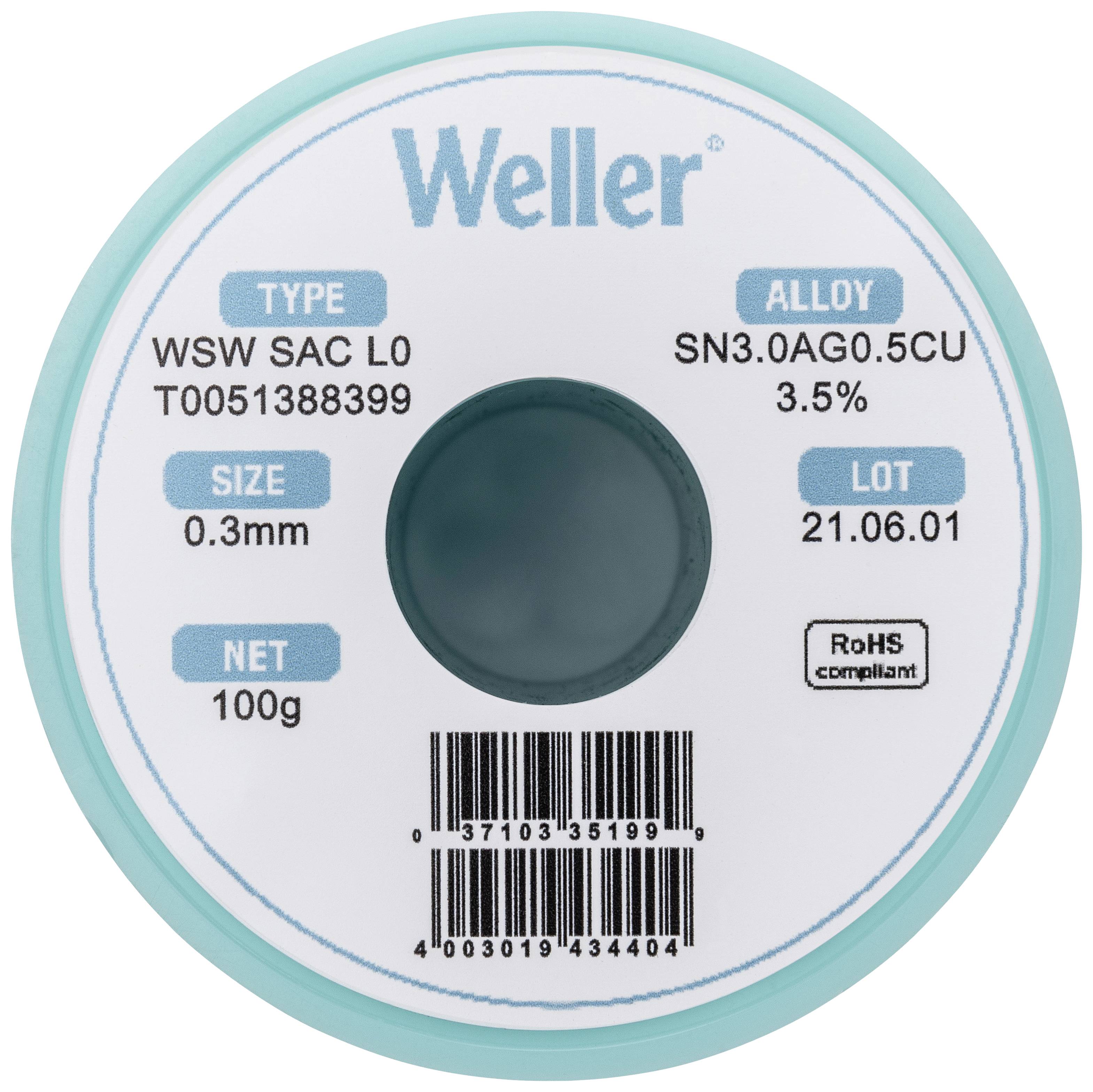 Weller T0051388399 Lötzinn, bleifrei Spule, bleifrei Sn3,0Ag0,5Cu 100g 0.30mm