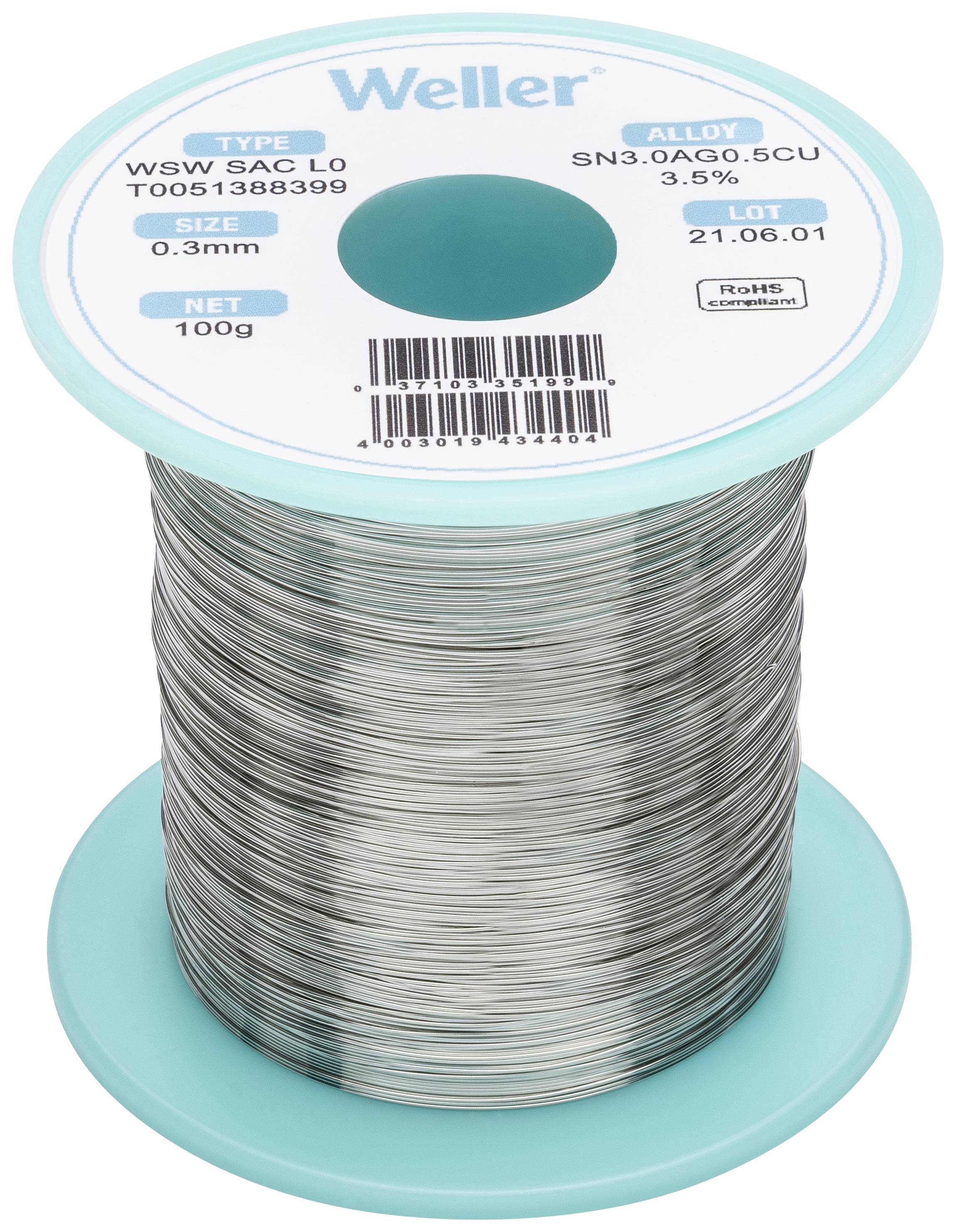 Weller T0051388399 Lötzinn, bleifrei Spule, bleifrei Sn3,0Ag0,5Cu 100g 0.30mm