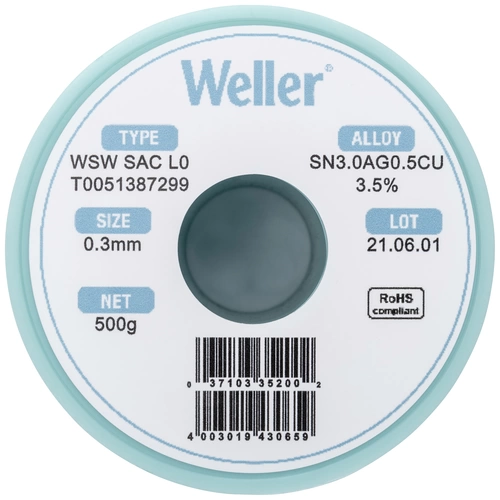 Weller T0051387299 Lötzinn, bleifrei Spule, bleifrei Sn3,0Ag0,5Cu 500g 0.30mm Weller T0051387299 Lötzinn, bleifrei Spule, bleifrei Sn3,0Ag0,5Cu 500g 0.30mm