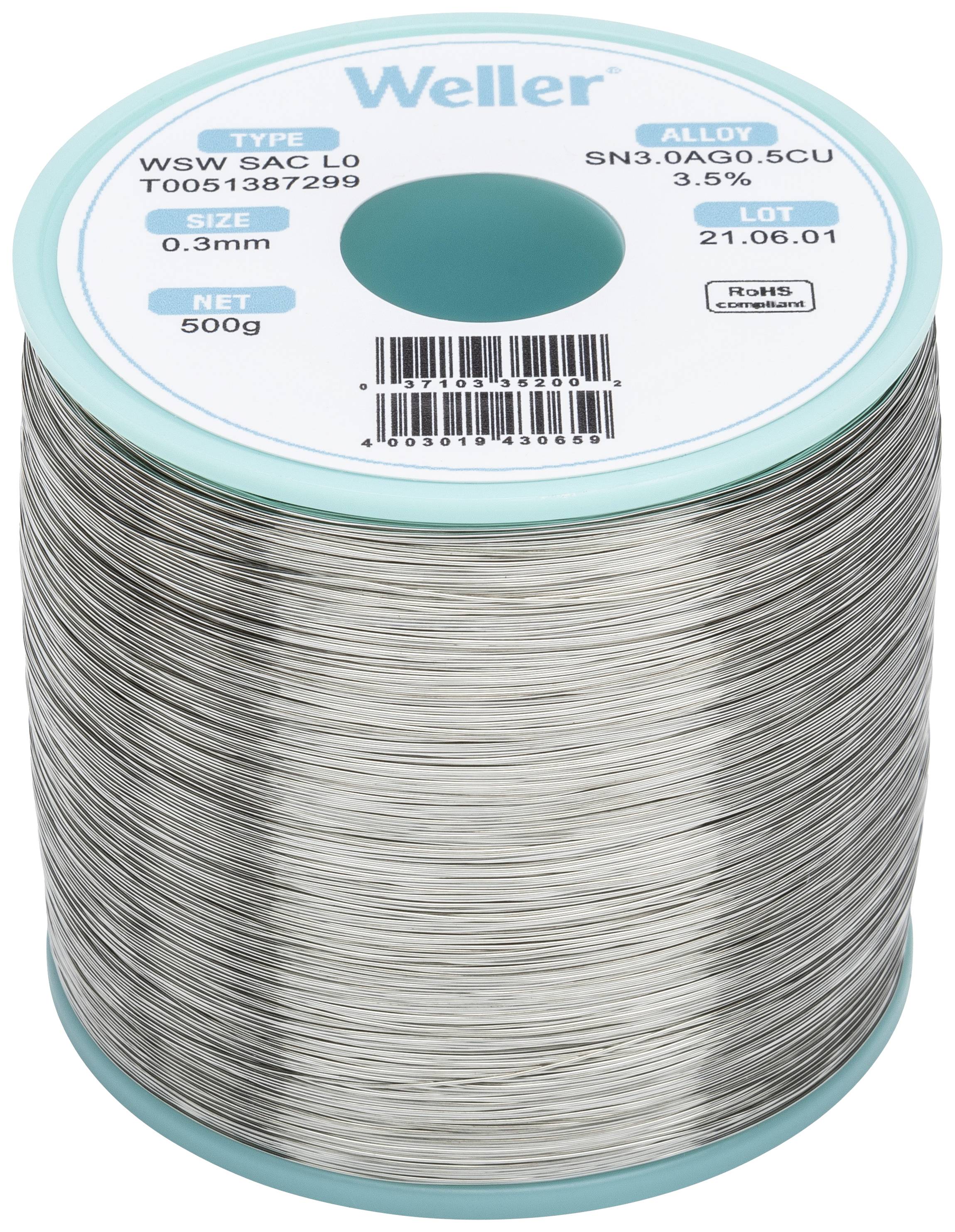 Lötzinnrolle der Marke Weller, Typ WSW SAC L0, Legierung SN3.0AG0.5CU, Durchmesser 0,3 mm, Gewicht 500 g, Lotnummer 21.06.01.