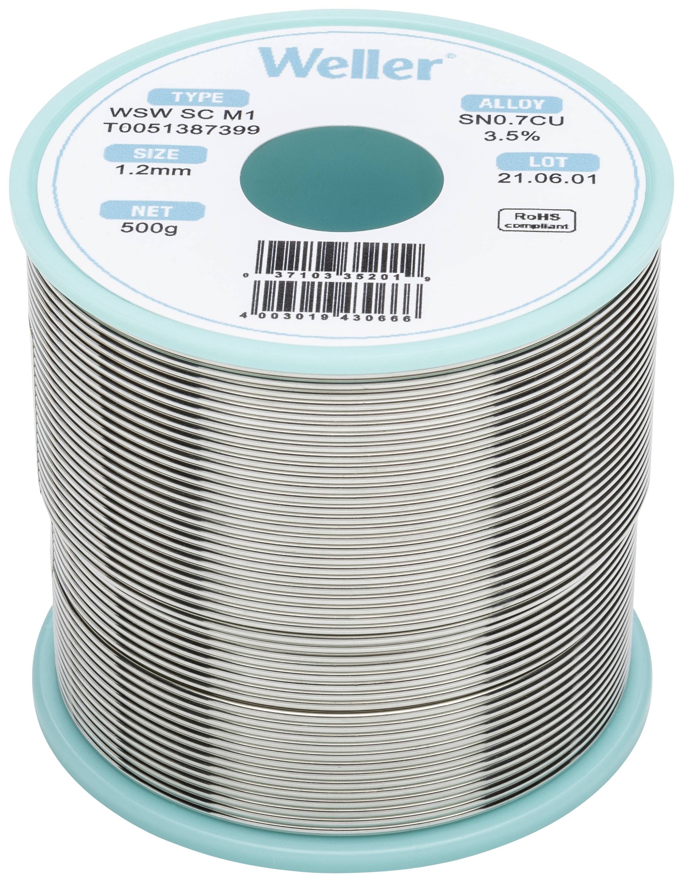 Lötzinnrolle der Marke Weller, Modell WSW SC M1. Durchmesser: 1,2 mm. Gewicht: 500 g. Legierung: SN0,7CU mit 3,5 % Flussmittel.