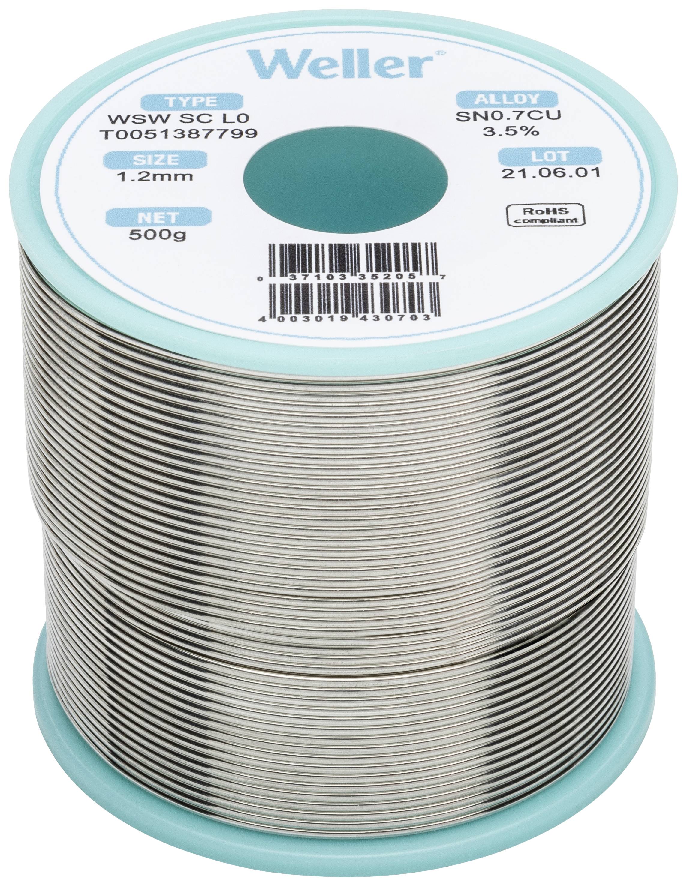 Lötzinn-Spule der Marke Weller, Typ WSW SC L0, 500g, 1,2mm Durchmesser, Legierung SN0.7CU, RoHS-konform, Herstellungsdatum 21.06.01.