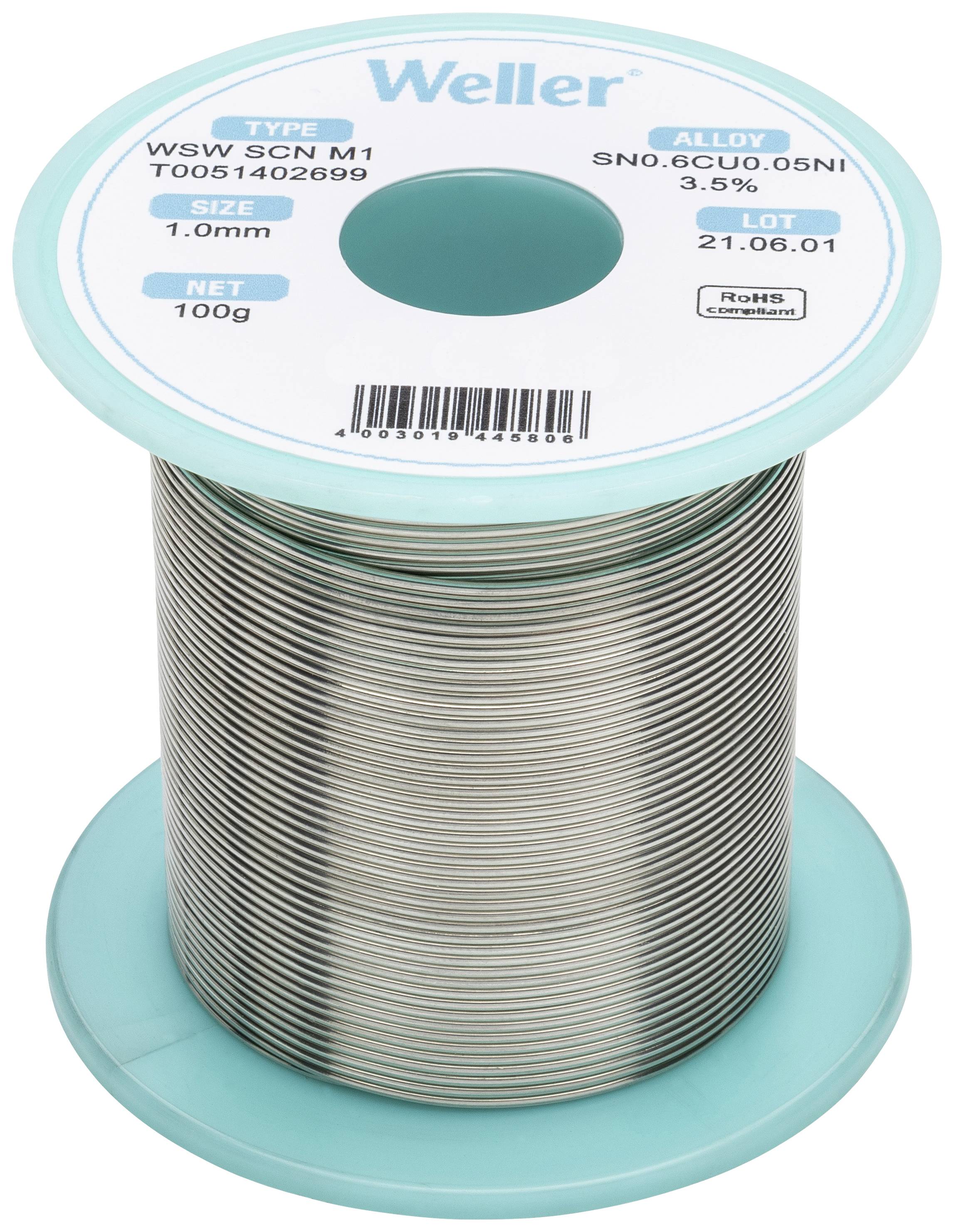 Eine Rolle Lötzinn der Marke Weller, Typ WSW SGN M1, Größe 1,0 mm, 100 g. Legierung Sn0,6Cu0,05Ni mit einem Datum vom 21.06.01.
