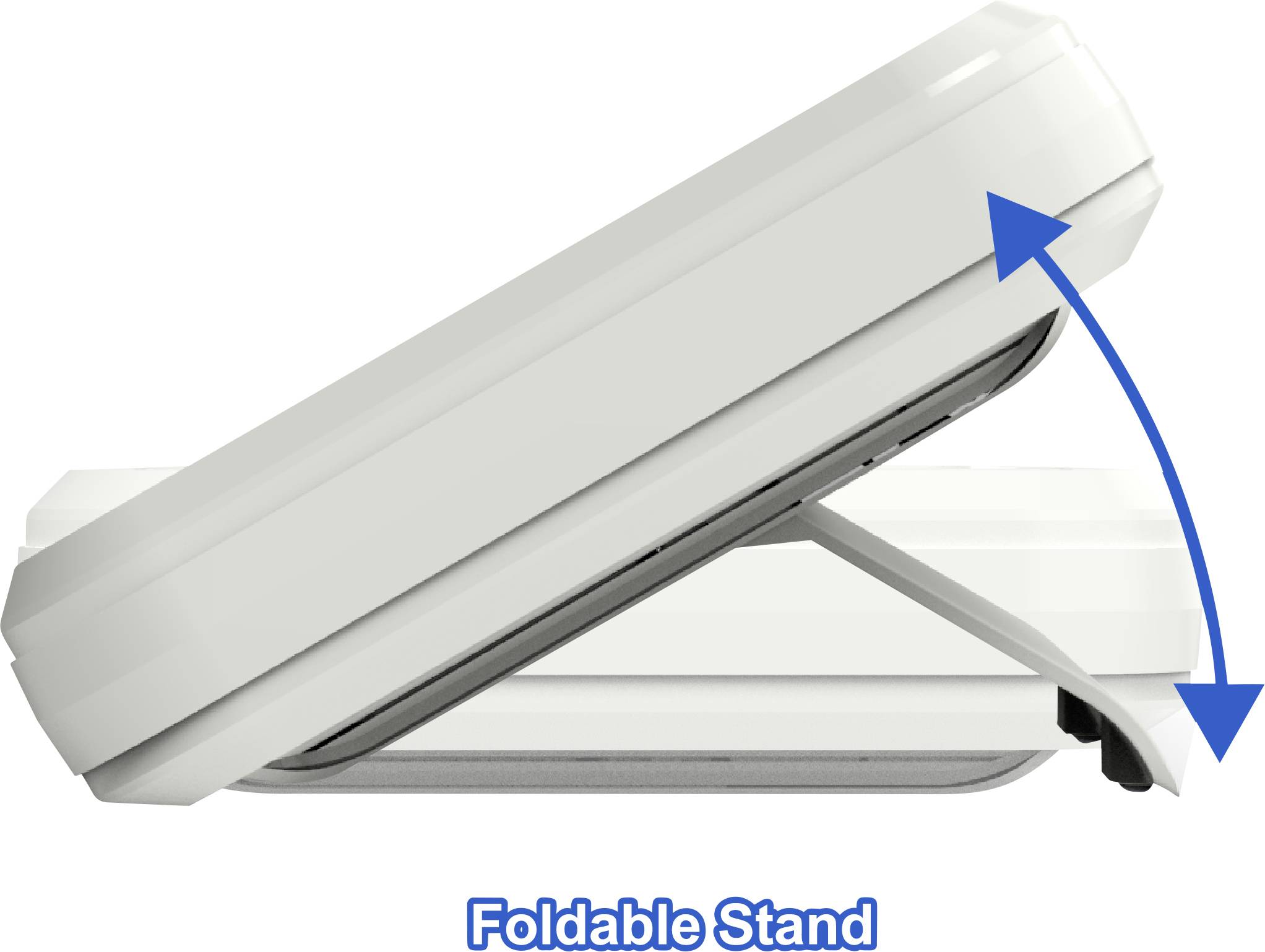 Ein klappbarer weißer Ständer wird in einer seitlichen Ansicht gezeigt, die den Bewegungsbereich mit blauen Pfeilen kennzeichnet.