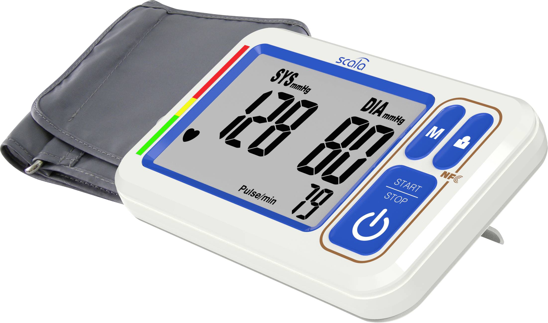 Elektronisches Blutdruckmessgerät zeigt Blutdruckwerte von 128/87 mmHg und Puls von 79 pro Minute. Gerät mit grauer Manschette.