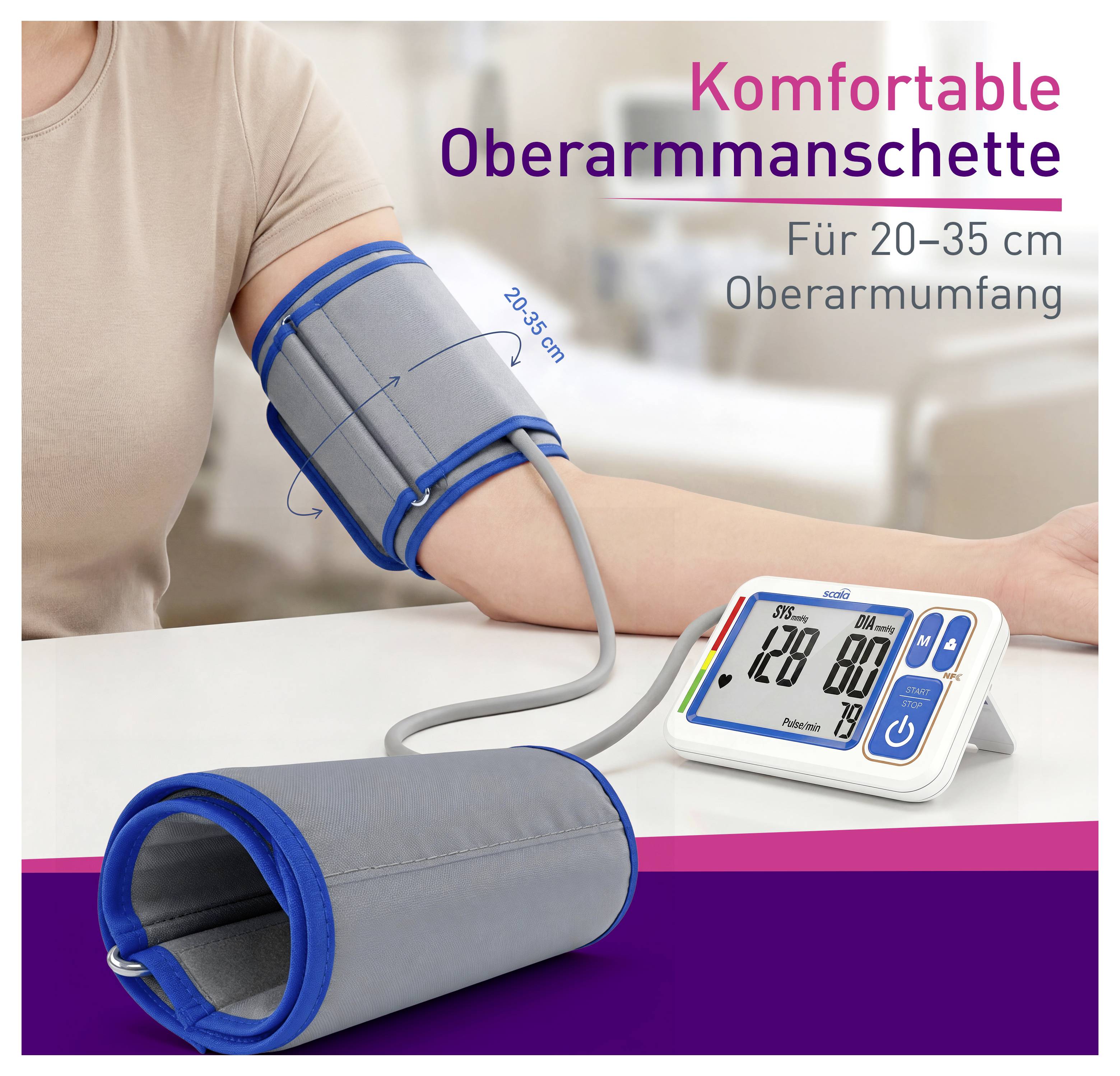 Eine Person trägt eine komfortable Oberarmmanschette zur Blutdruckmessung. Geeignet für 20–35 cm Oberarmumfang.