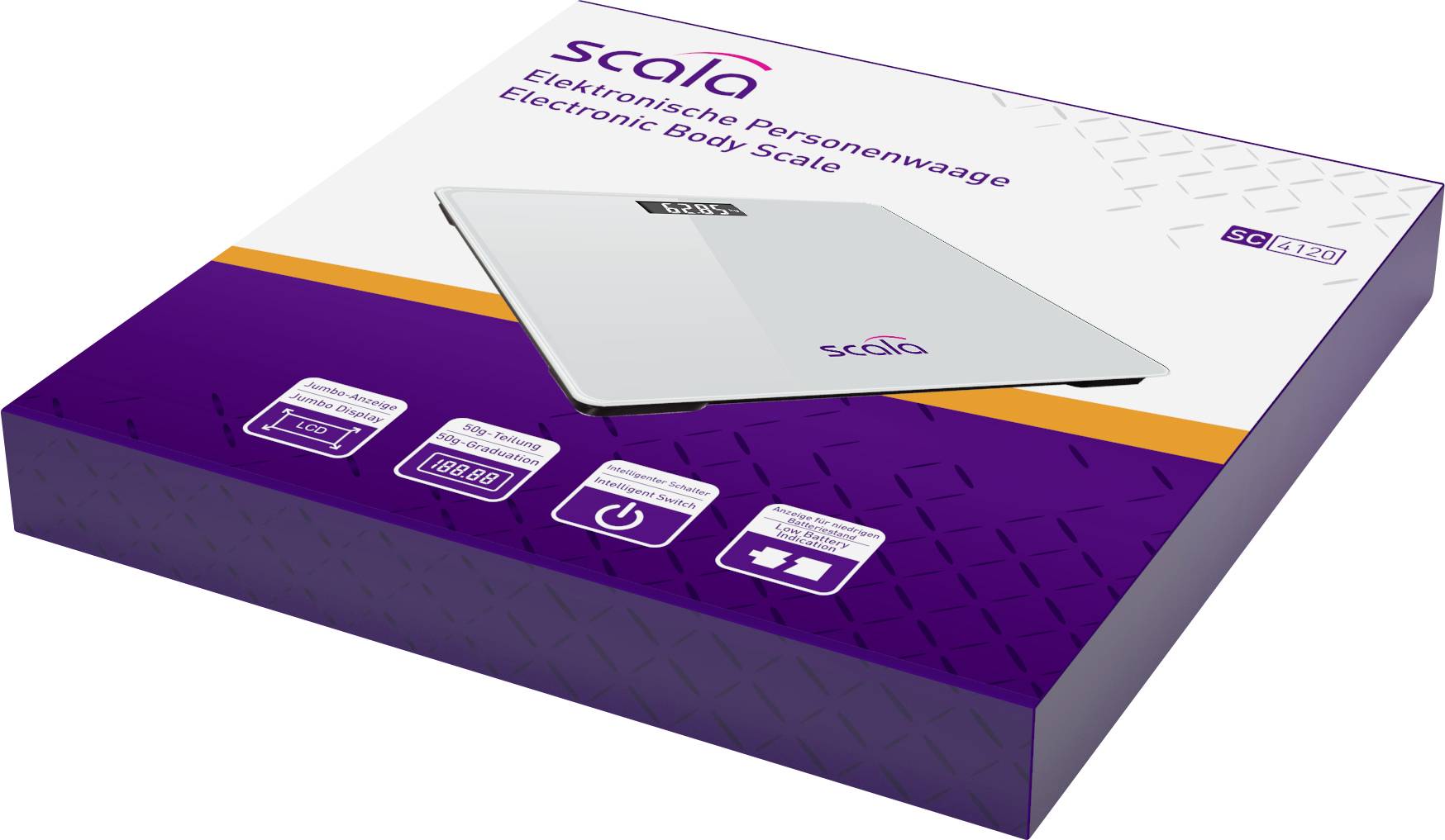 Elektronische Personenwaage in violetter Verpackung, Markenname 'scala', mit Bild der Waage und Piktogrammen für Gewichtsmessung und Batterienutzung.